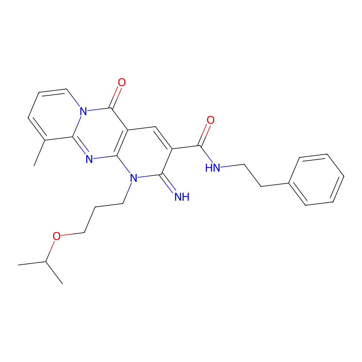 2-imino-10-methyl-5-oxo-N-(2-phenylethyl)-1-[3-(propan-2-yloxy)propyl]-1,5-dihydro-2H-dipyrido[1,2-a:2',3'-d]pyrimidine-3-carboxamide molecular structure, CAS 587011-51-6