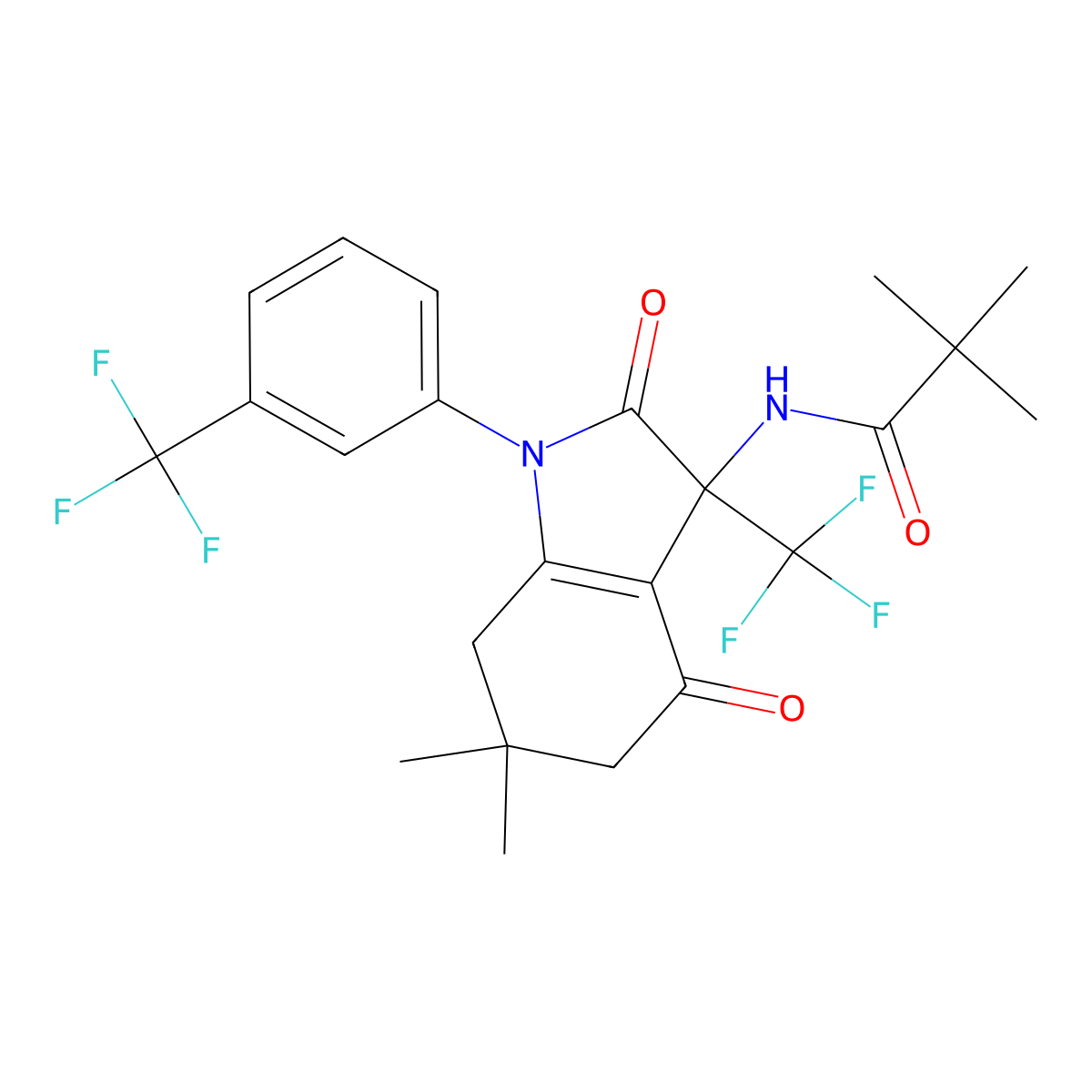 N-[6,6-dimethyl-2,4-dioxo-3-(trifluoromethyl)-1-[3-(trifluoromethyl)phenyl]-5,7-dihydroindol-3-yl]-2,2-dimethylpropanamide molecular structure, CAS 587011-88-9