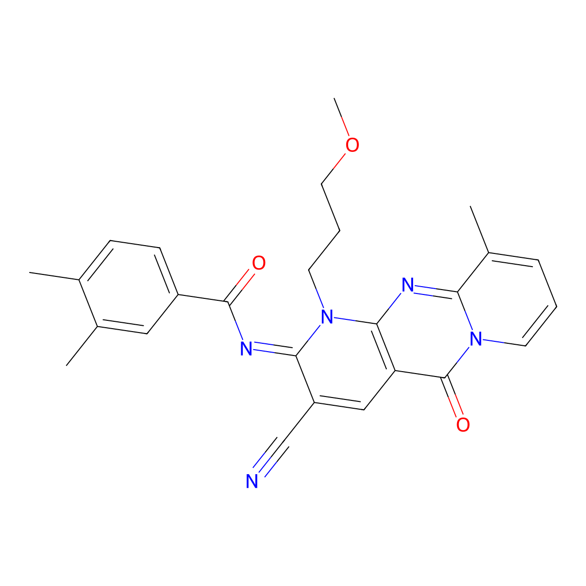 N-[3-cyano-1-(3-methoxypropyl)-10-methyl-5-oxo-1,5-dihydro-2H-dipyrido[1,2-a:2,3-d]pyrimidin-2-ylidene]-3,4-dimethylbenzamide molecular structure, CAS 587011-89-0