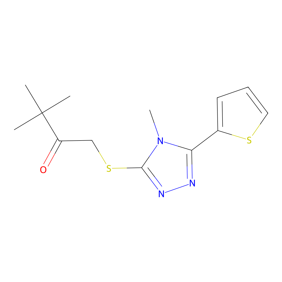 3,3-dimethyl-1-{[4-methyl-5-(thiophen-2-yl)-4H-1,2,4-triazol-3-yl]sulfanyl}butan-2-one molecular structure, CAS 587011-90-3