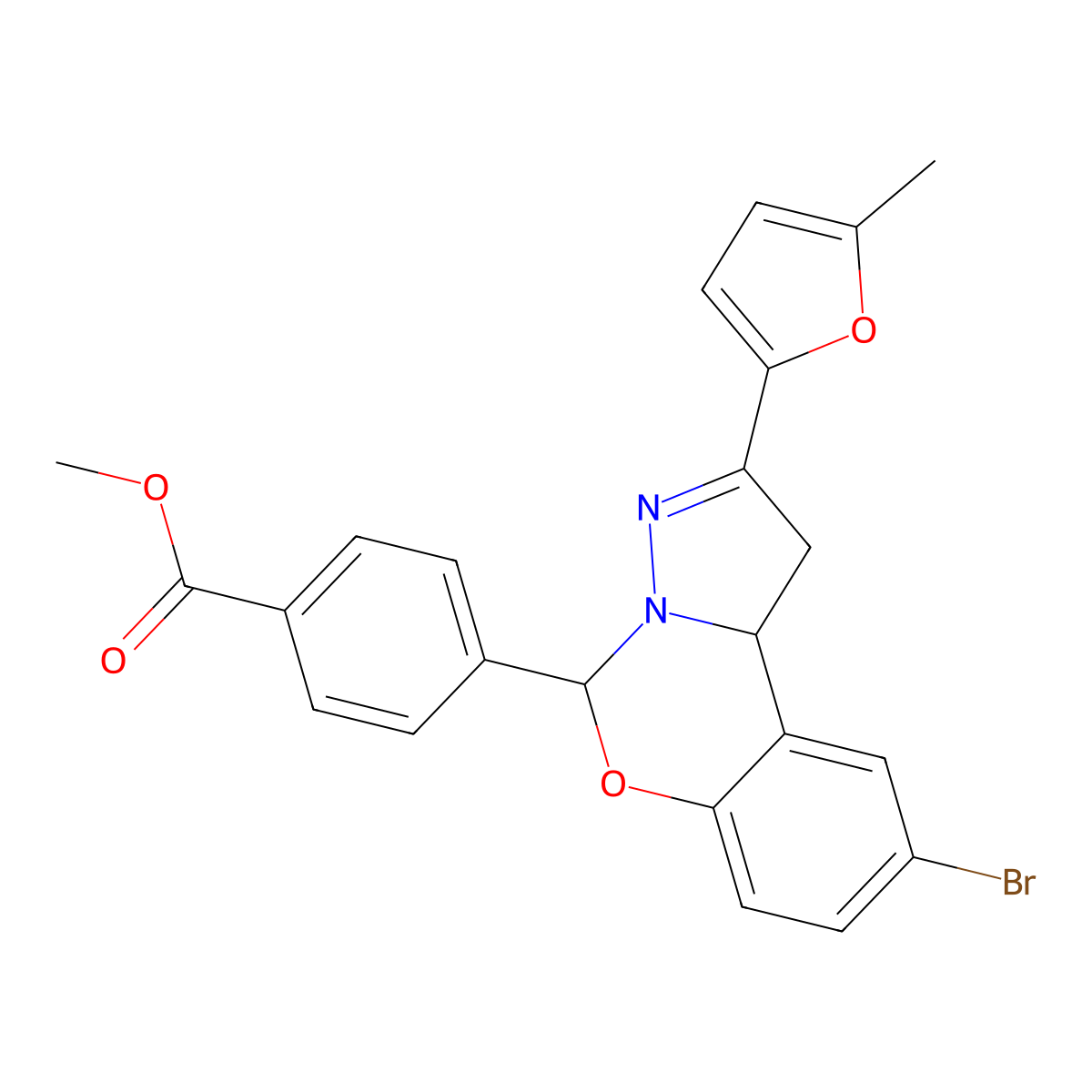 Methyl 4-[9-bromo-2-(5-methyl-2-furyl)-1,10b-dihydropyrazolo[1,5-c][1,3]benzoxazin-5-yl]benzoate molecular structure, CAS 587012-14-4