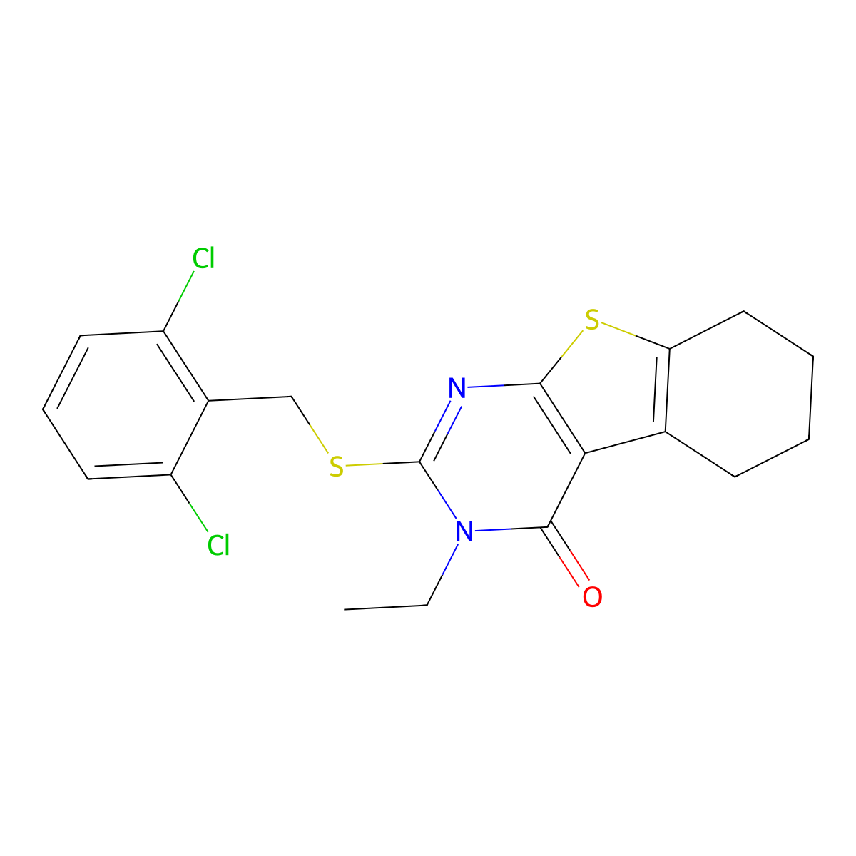 2-[(2,6-Dichlorobenzyl)sulfanyl]-3-ethyl-5,6,7,8-tetrahydro[1]benzothieno[2,3-D]pyrimidin-4(3H)-one molecular structure, CAS 587012-18-8