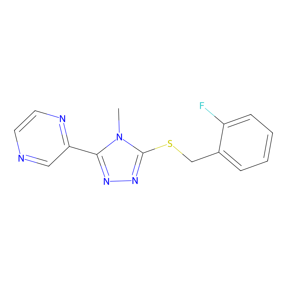 3-[(2-Fluorophenyl)methylthio]-4-methyl-5-pyrazin-2-yl-1,2,4-triazole molecular structure, CAS 587012-35-9