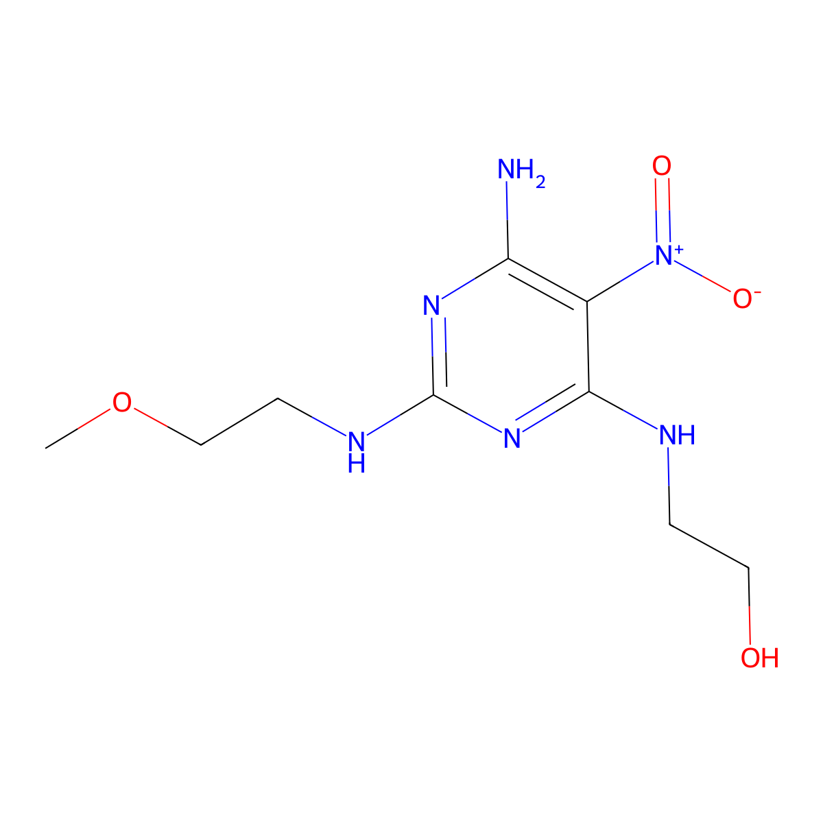 2-({6-Amino-2-[(2-methoxyethyl)amino]-5-nitropyrimidin-4-yl}amino)ethan-1-ol molecular structure, CAS 587012-42-8