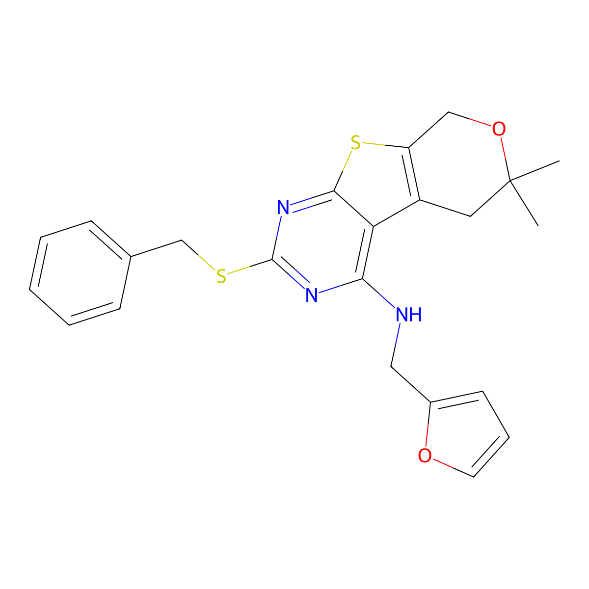 2-benzylsulfanyl-N-(furan-2-ylmethyl)-6,6-dimethyl-5,8-dihydropyrano[4,5]thieno[1,2-c]pyrimidin-4-amine molecular structure, CAS 587012-49-5