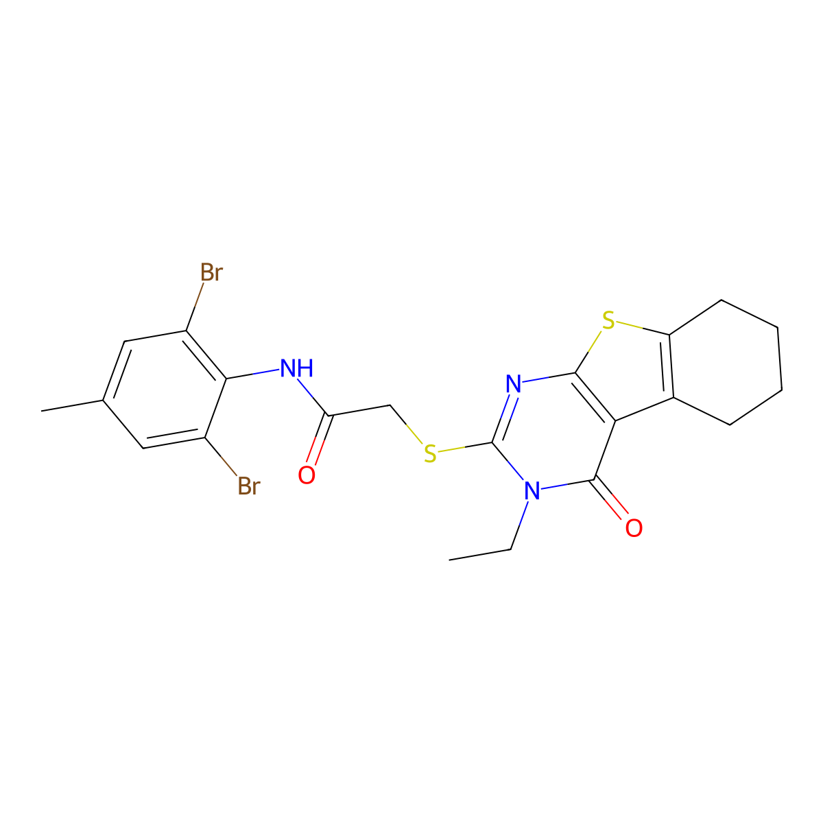 N-(2,6-Dibromo-4-methylphenyl)-2-((3-ethyl-4-oxo-3,4,5,6,7,8-hexahydro(1)benzothieno(2,3-D)pyrimidin-2-YL)sulfanyl)acetamide molecular structure, CAS 587012-55-3