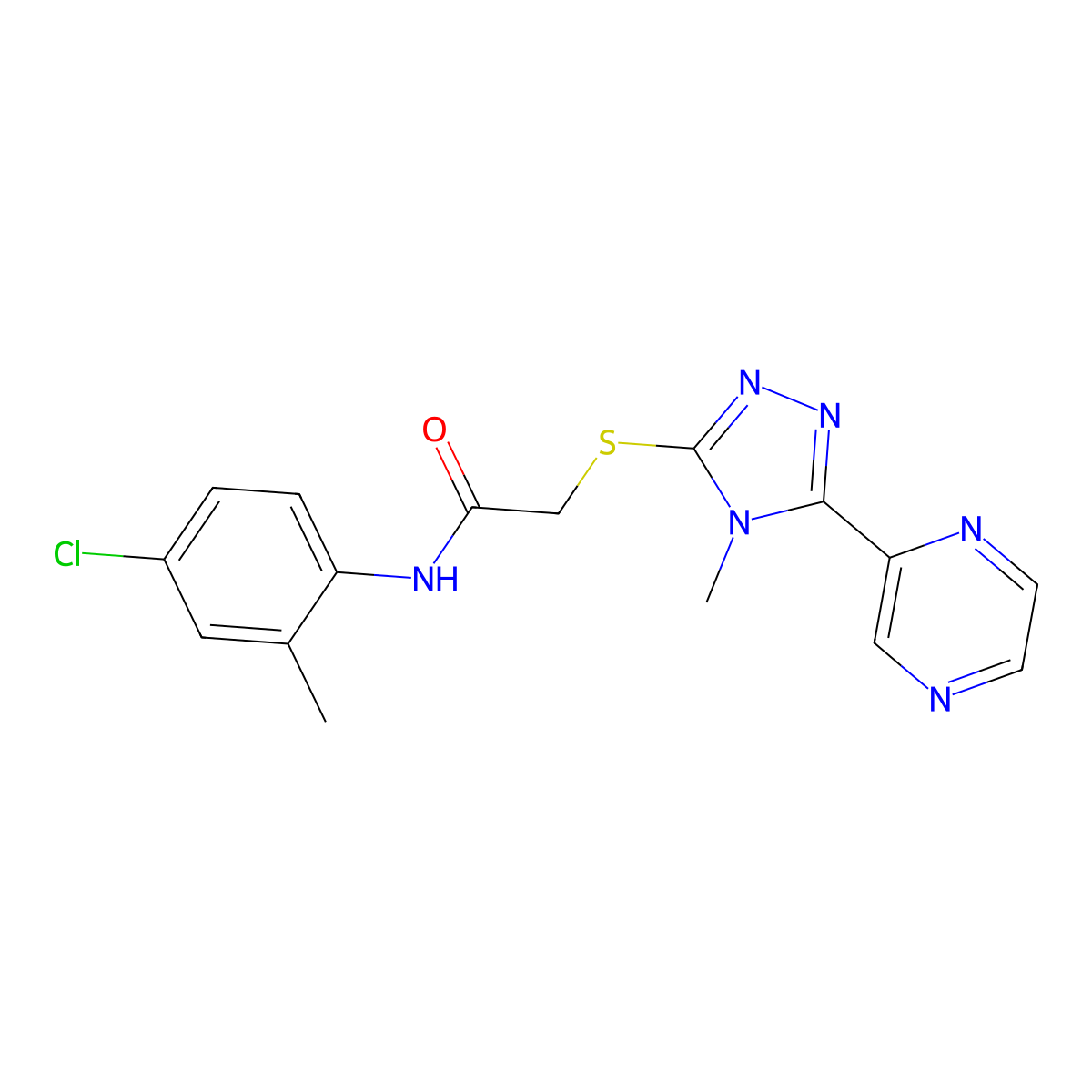 N-(4-chloro-2-methylphenyl)-2-{[4-methyl-5-(pyrazin-2-yl)-4H-1,2,4-triazol-3-yl]sulfanyl}acetamide molecular structure, CAS 587012-60-0