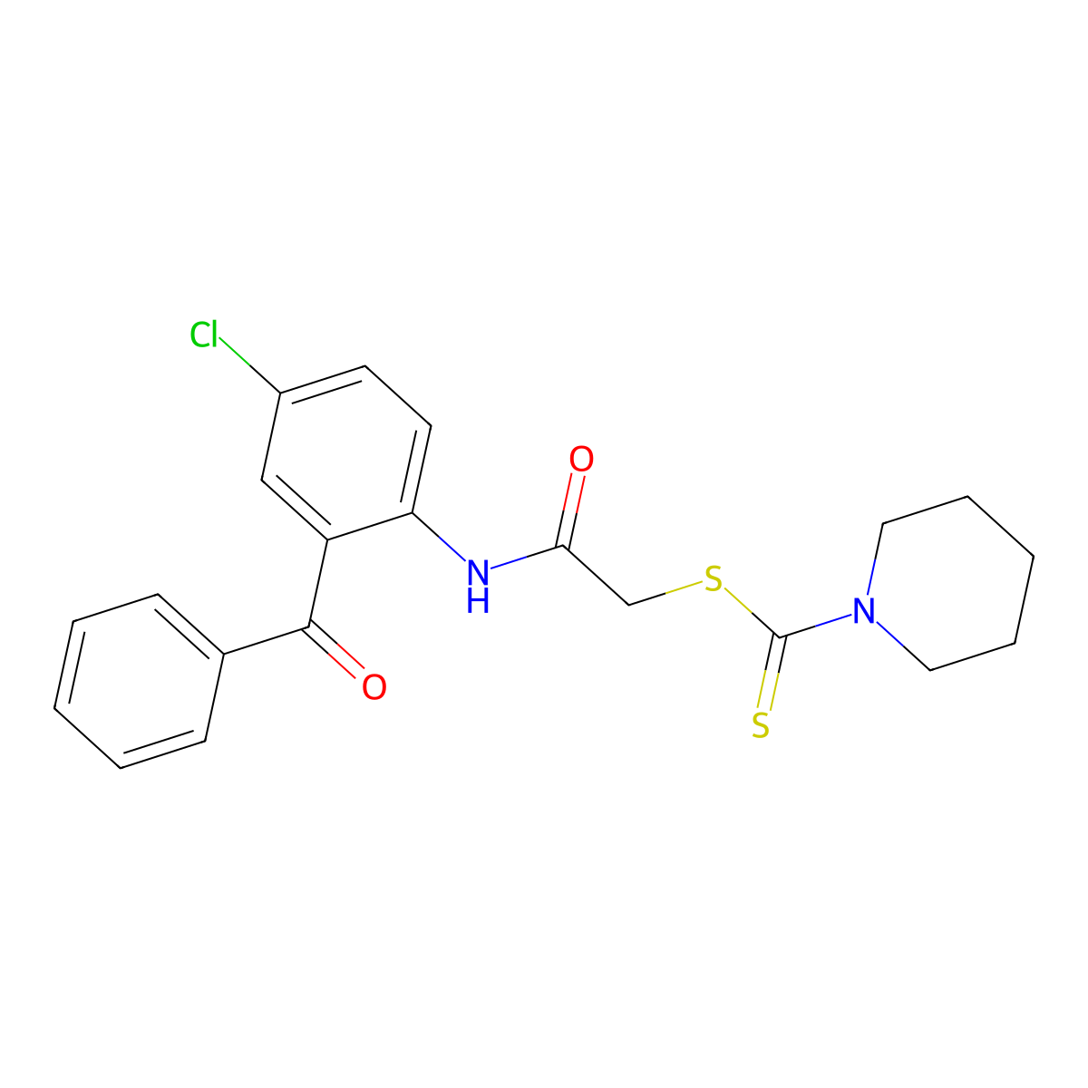 2-{[4-Chloro-2-(phenylcarbonyl)phenyl]amino}-2-oxoethyl piperidine-1-carbodithioate molecular structure, CAS 587012-72-4