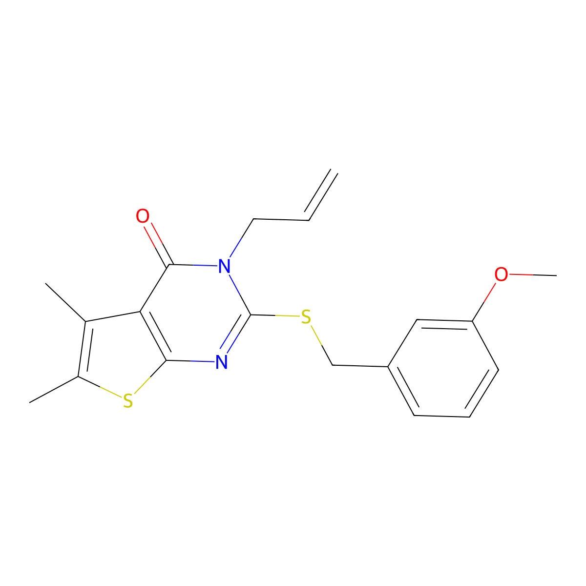2-[(3-methoxybenzyl)sulfanyl]-5,6-dimethyl-3-(prop-2-en-1-yl)thieno[2,3-d]pyrimidin-4(3H)-one molecular structure, CAS 587012-77-9