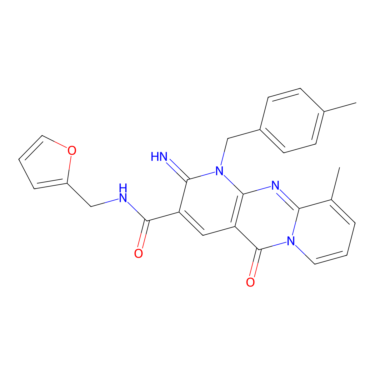 N-(Furan-2-ylmethyl)-6-imino-11-methyl-7-[(4-methylphenyl)methyl]-2-oxo-1,7,9-triazatricyclo[8.4.0.03,8]tetradeca-3(8),4,9,11,13-pentaene-5-carboxamide molecular structure, CAS 587012-81-5