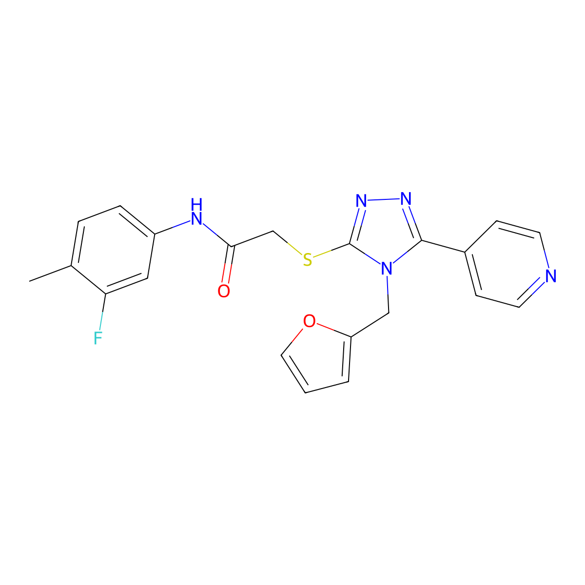 N-(3-fluoro-4-methylphenyl)-2-{[4-(furan-2-ylmethyl)-5-(pyridin-4-yl)-4H-1,2,4-triazol-3-yl]sulfanyl}acetamide molecular structure, CAS 587012-84-8