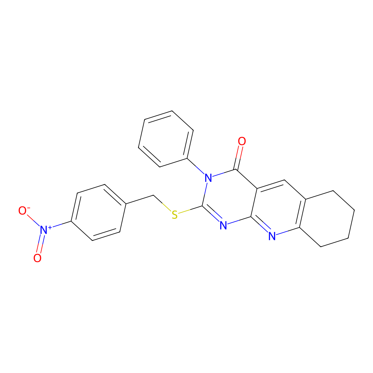 2-[(4-Nitrophenyl)methylsulfanyl]-3-phenyl-6,7,8,9-tetrahydropyrimido[4,5-b]quinolin-4-one molecular structure, CAS 587012-97-3