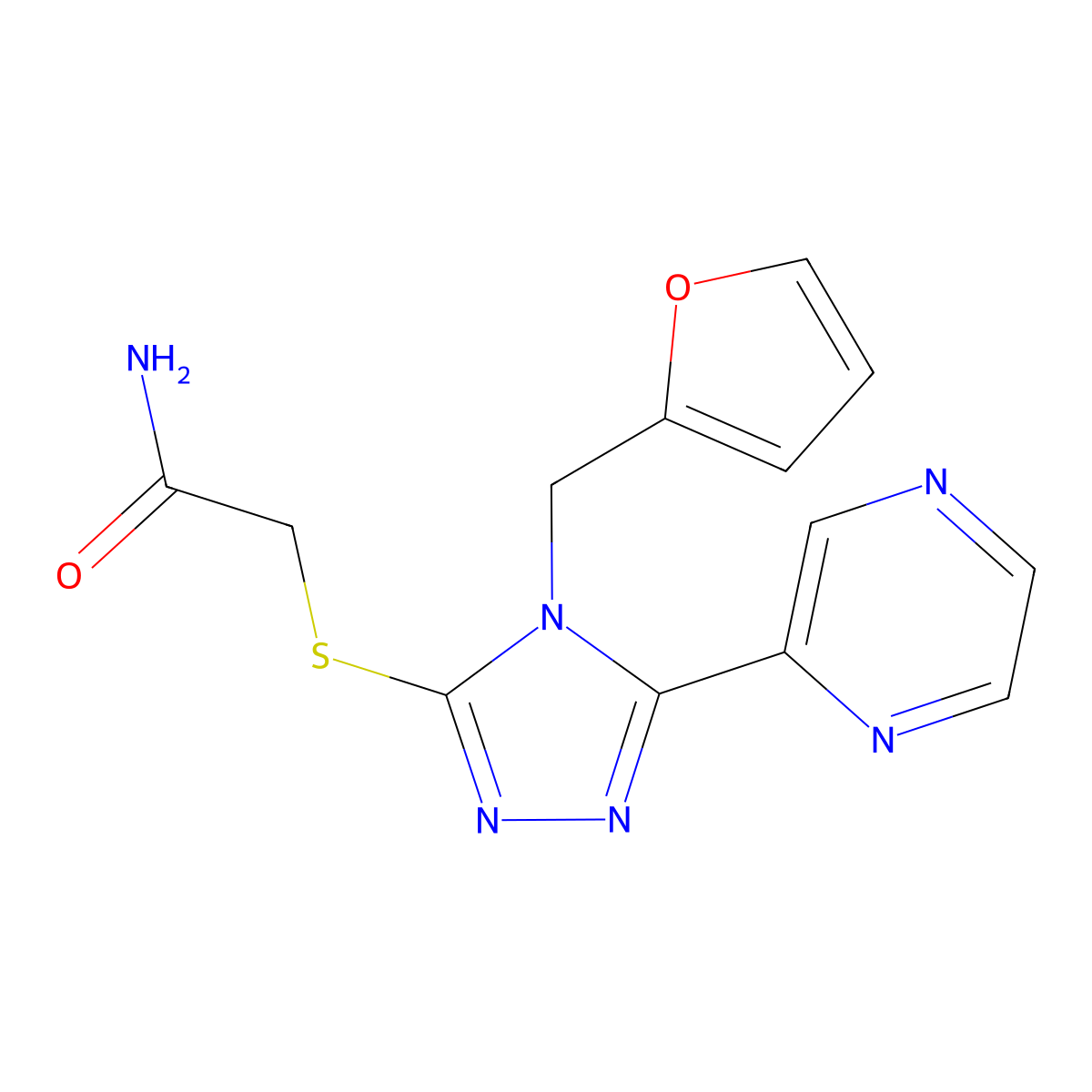 2-{[4-(furan-2-ylmethyl)-5-(pyrazin-2-yl)-4H-1,2,4-triazol-3-yl]sulfanyl}acetamide molecular structure, CAS 587012-99-5