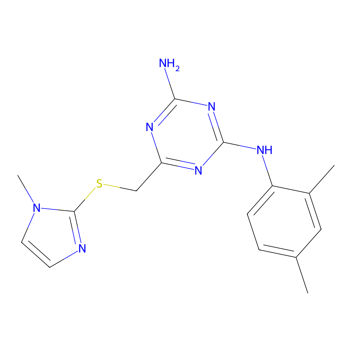 N-(2,4-dimethylphenyl)-6-{[(1-methyl-1H-imidazol-2-yl)thio]methyl}-1,3,5-triazine-2,4-diamine molecular structure, CAS 587013-17-0