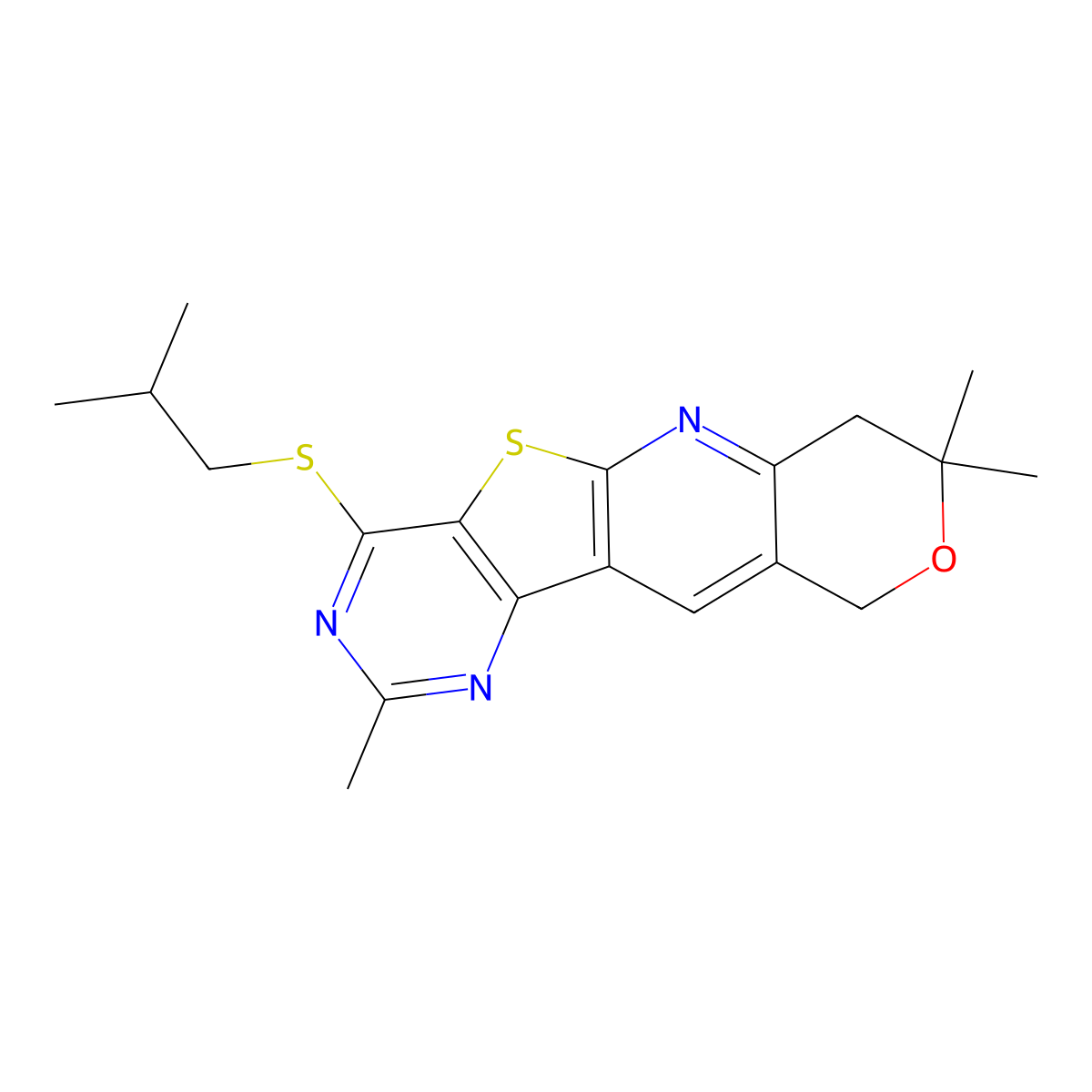 4-(isobutylthio)-2,8,8-trimethyl-8,10-dihydro-7H-pyrano[3'',4'':5',6']pyrido[3',2':4,5]thieno[3,2-d]pyrimidine molecular structure, CAS 587013-40-9