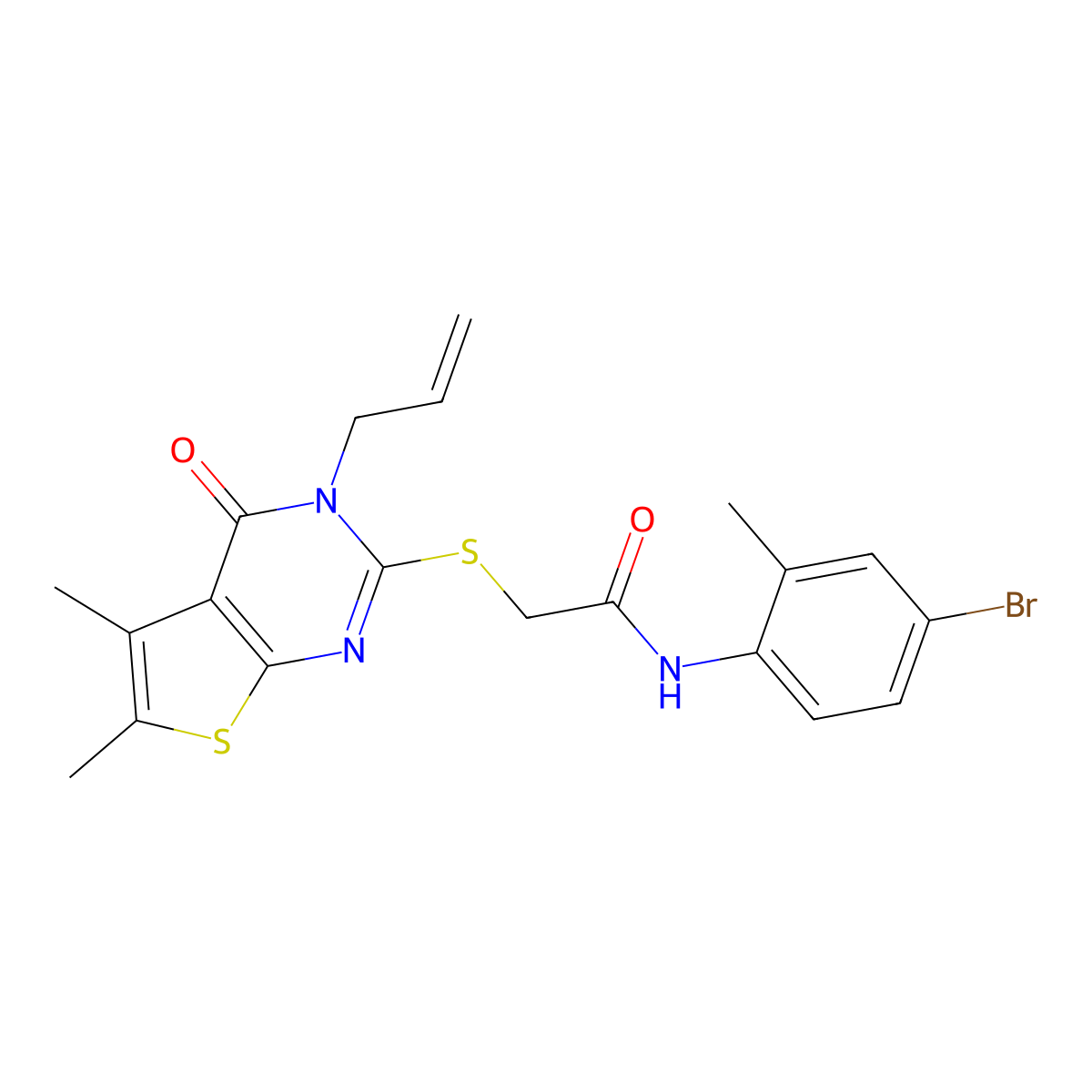 N-(4-bromo-2-methylphenyl)-2-{[5,6-dimethyl-4-oxo-3-(prop-2-en-1-yl)-3,4-dihydrothieno[2,3-d]pyrimidin-2-yl]sulfanyl}acetamide molecular structure, CAS 587013-89-6