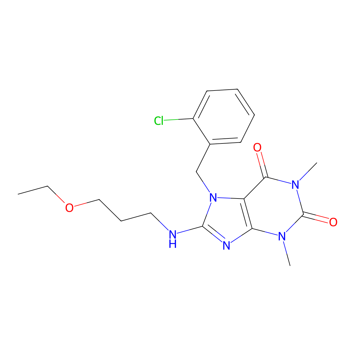 7-(2-chlorobenzyl)-8-((3-ethoxypropyl)amino)-1,3-dimethyl-1H-purine-2,6(3H,7H)-dione molecular structure, CAS 587013-91-0