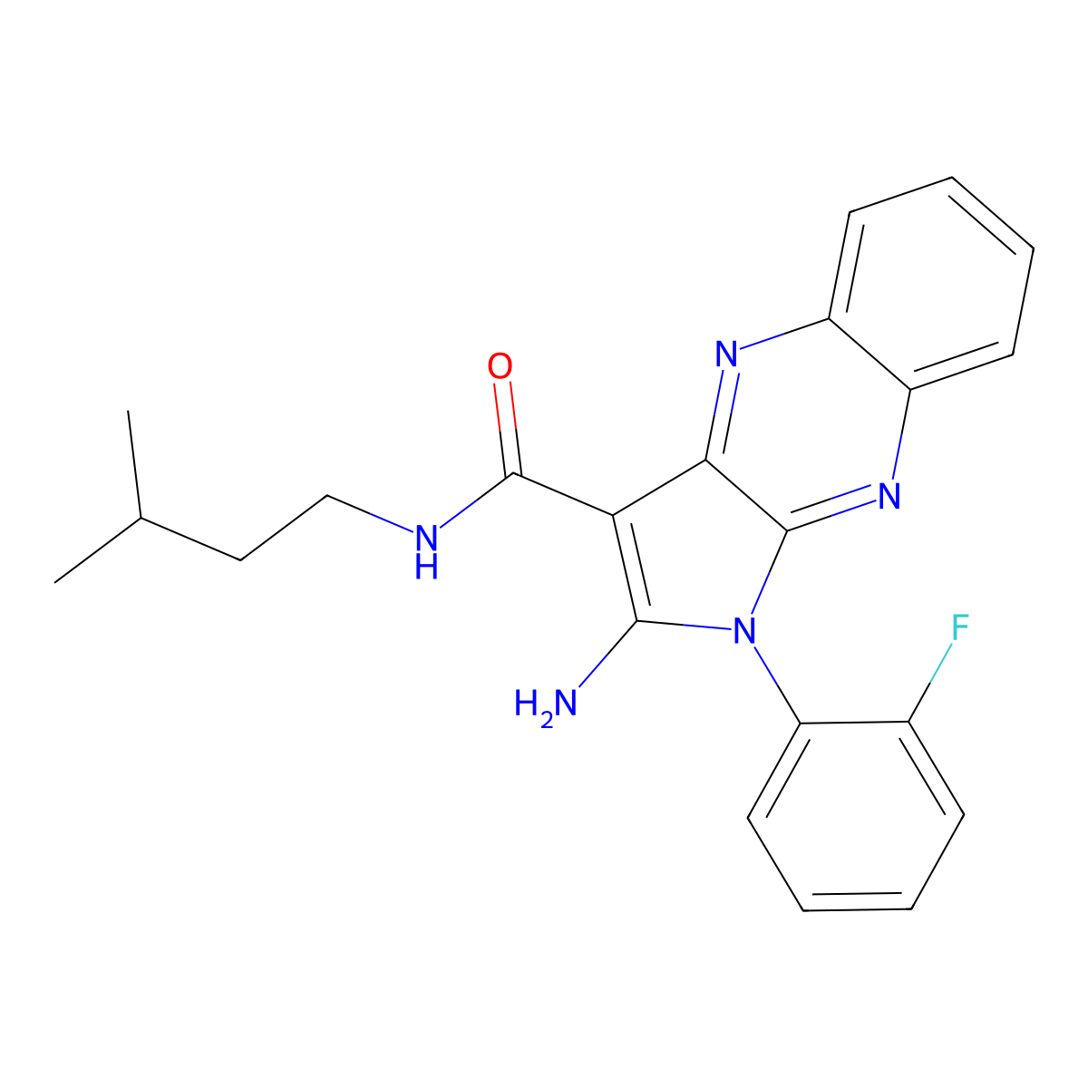 2-amino-1-(2-fluorophenyl)-N-isopentyl-1H-pyrrolo[2,3-b]quinoxaline-3-carboxamide molecular structure, CAS 587013-99-8