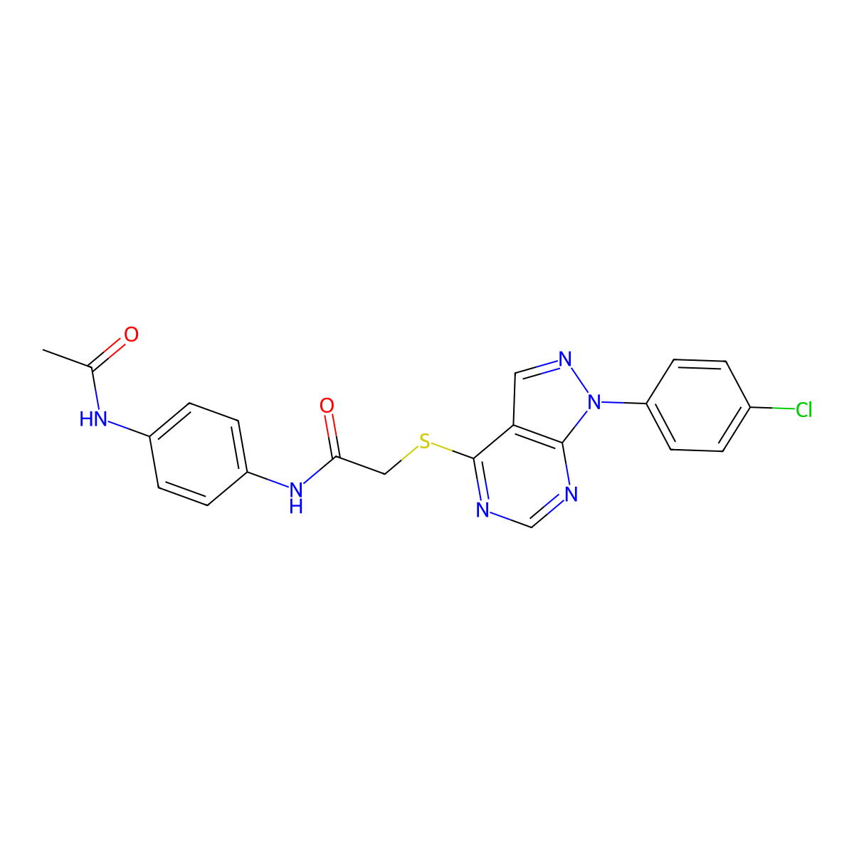 N-(4-acetamidophenyl)-2-((1-(4-chlorophenyl)-1H-pyrazolo[3,4-d]pyrimidin-4-yl)thio)acetamide molecular structure, CAS 587014-28-6
