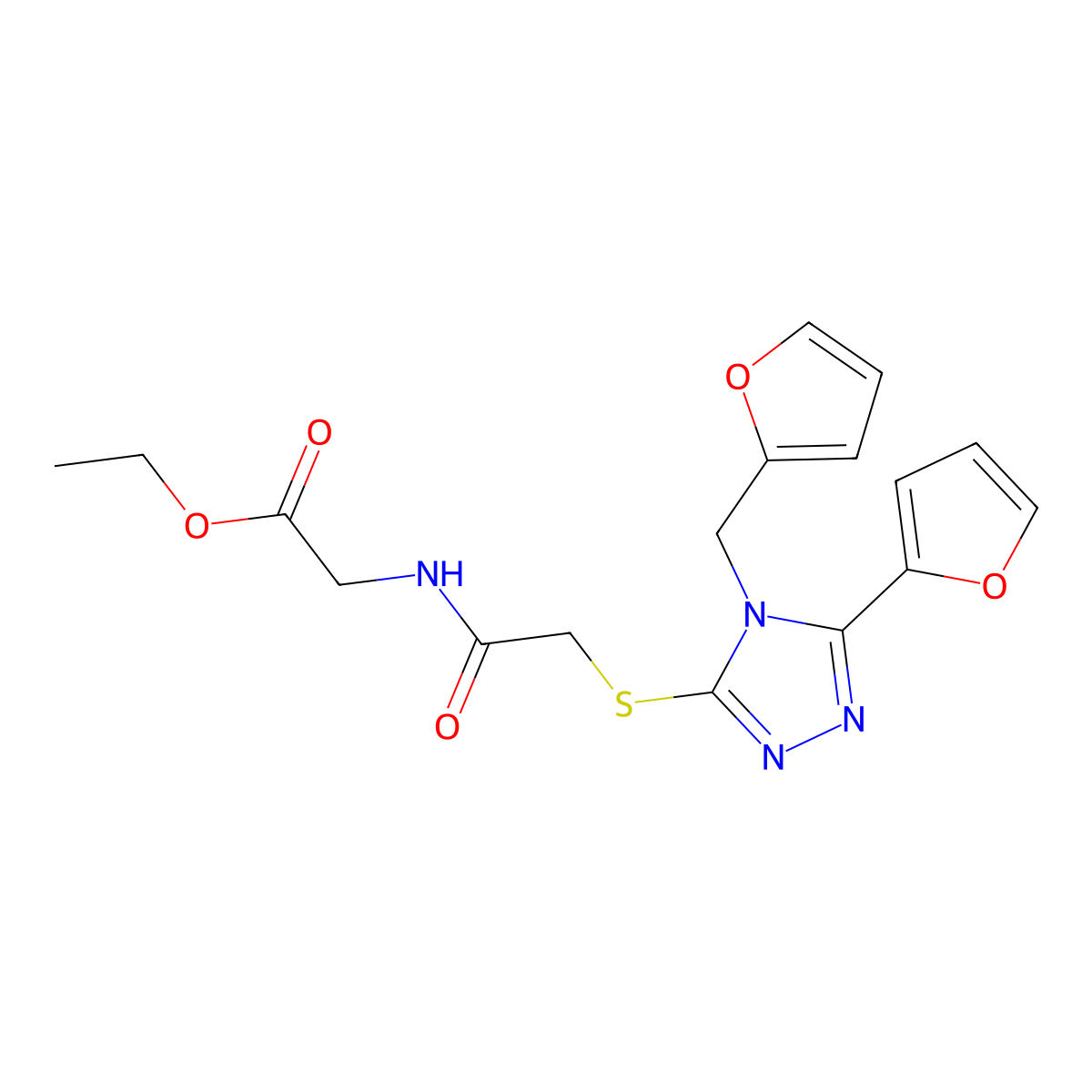 Ethyl 2-{2-[5-(2-furyl)-4-(2-furylmethyl)-1,2,4-triazol-3-ylthio]acetylamino}a cetate molecular structure, CAS 587014-29-7