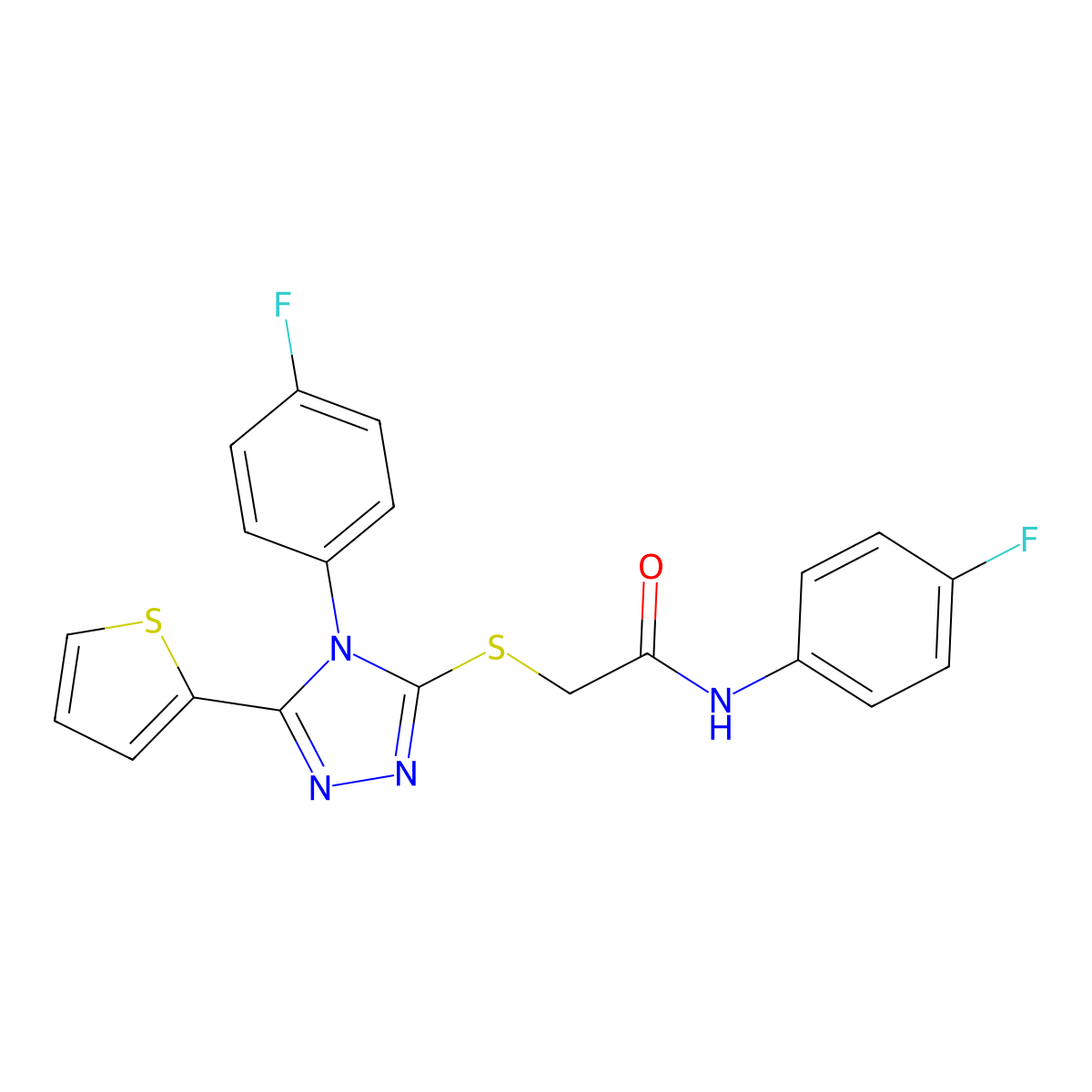 N-(4-fluorophenyl)-2-{[4-(4-fluorophenyl)-5-(thiophen-2-yl)-4H-1,2,4-triazol-3-yl]sulfanyl}acetamide molecular structure, CAS 587014-34-4