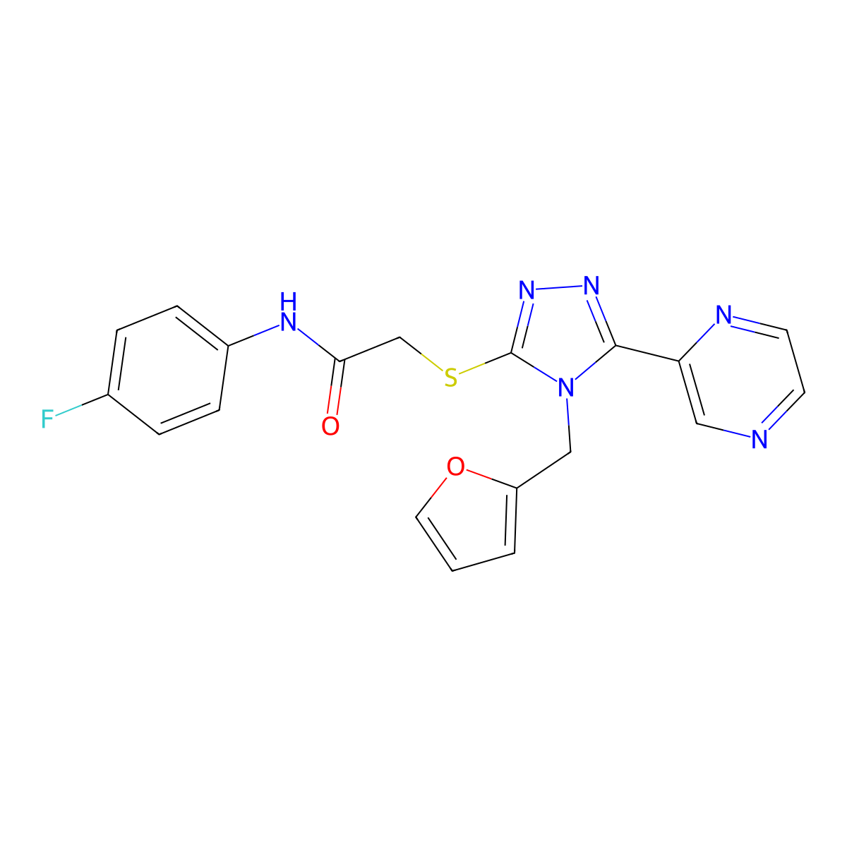N-(4-fluorophenyl)-2-{[4-(furan-2-ylmethyl)-5-(pyrazin-2-yl)-4H-1,2,4-triazol-3-yl]sulfanyl}acetamide molecular structure, CAS 587014-73-1