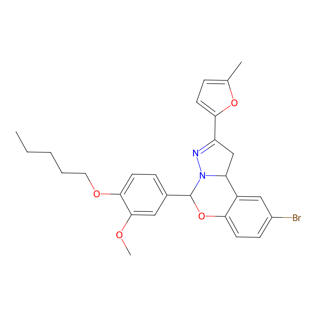 9-Bromo-5-[3-methoxy-4-(pentyloxy)phenyl]-2-(5-methylfuran-2-yl)-1,10b-dihydropyrazolo[1,5-c][1,3]benzoxazine molecular structure, CAS 587014-76-4