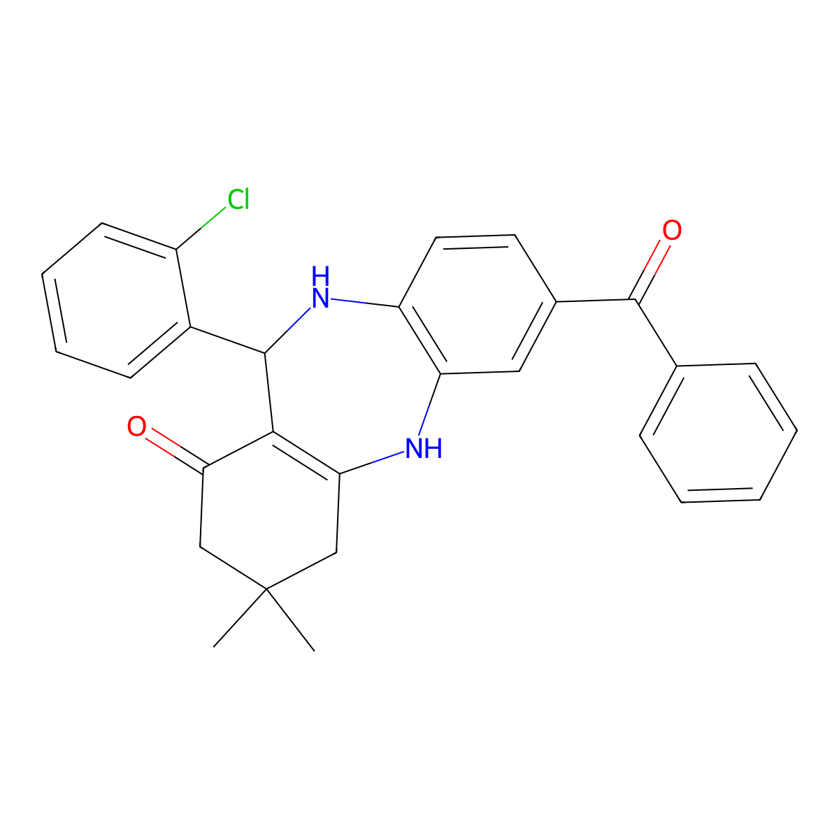 2-benzoyl-6-(2-chlorophenyl)-9,9-dimethyl-6,8,10,11-tetrahydro-5H-benzo[b][1,4]benzodiazepin-7-one molecular structure, CAS 5871-39-6