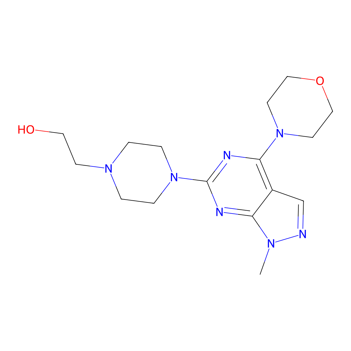 1-Piperazineethanol, 4-[1-methyl-4-(4-morpholinyl)-1H-pyrazolo[3,4-d]pyrimidin-6-yl]- molecular structure, CAS 58733-10-1