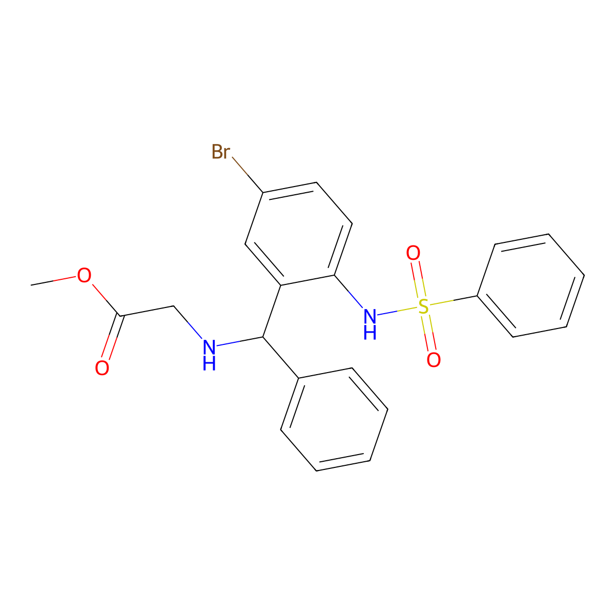 {[(2-Benzenesulfonylamino-5-bromo-phenyl)-phenyl-methyl]-amino}-acetic acid methyl ester molecular structure, CAS 5876-81-3