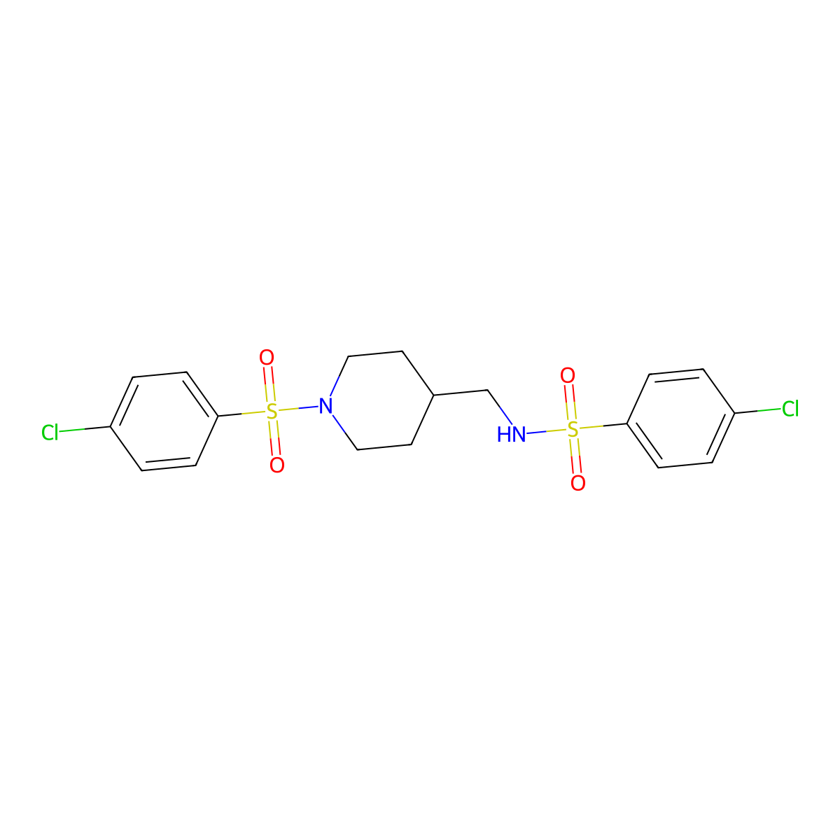 4-chloro-N-[[1-(4-chlorophenyl)sulfonylpiperidin-4-yl]methyl]benzenesulfonamide molecular structure, CAS 587830-84-0