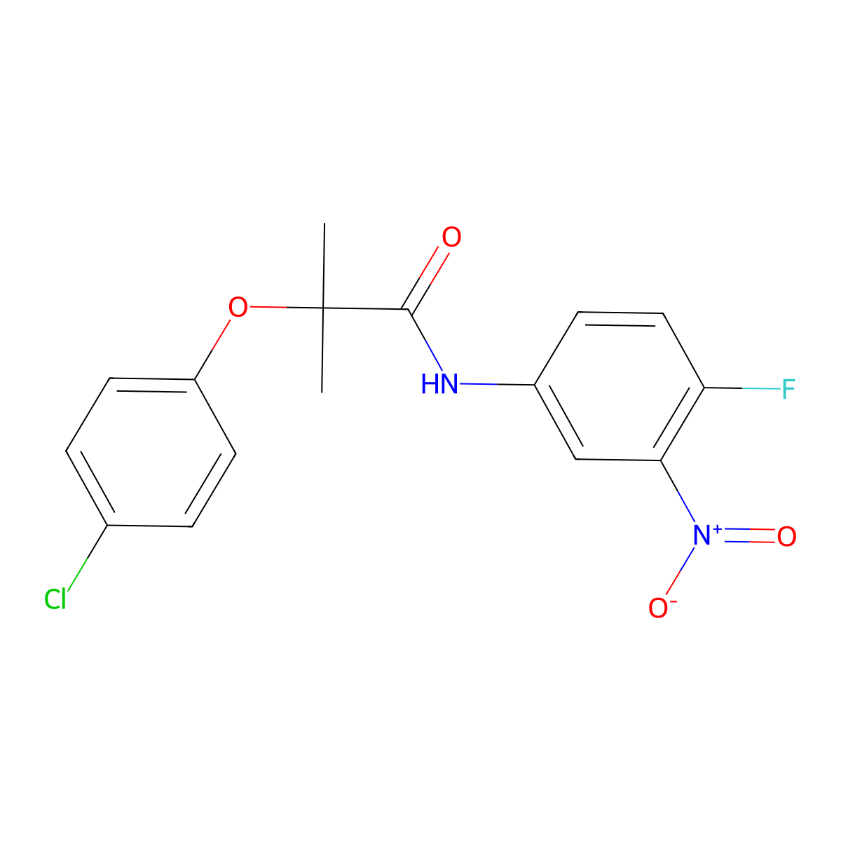 2-(4-chlorophenoxy)-N-(4-fluoro-3-nitrophenyl)-2-methylpropanamide molecular structure, CAS 587843-09-2