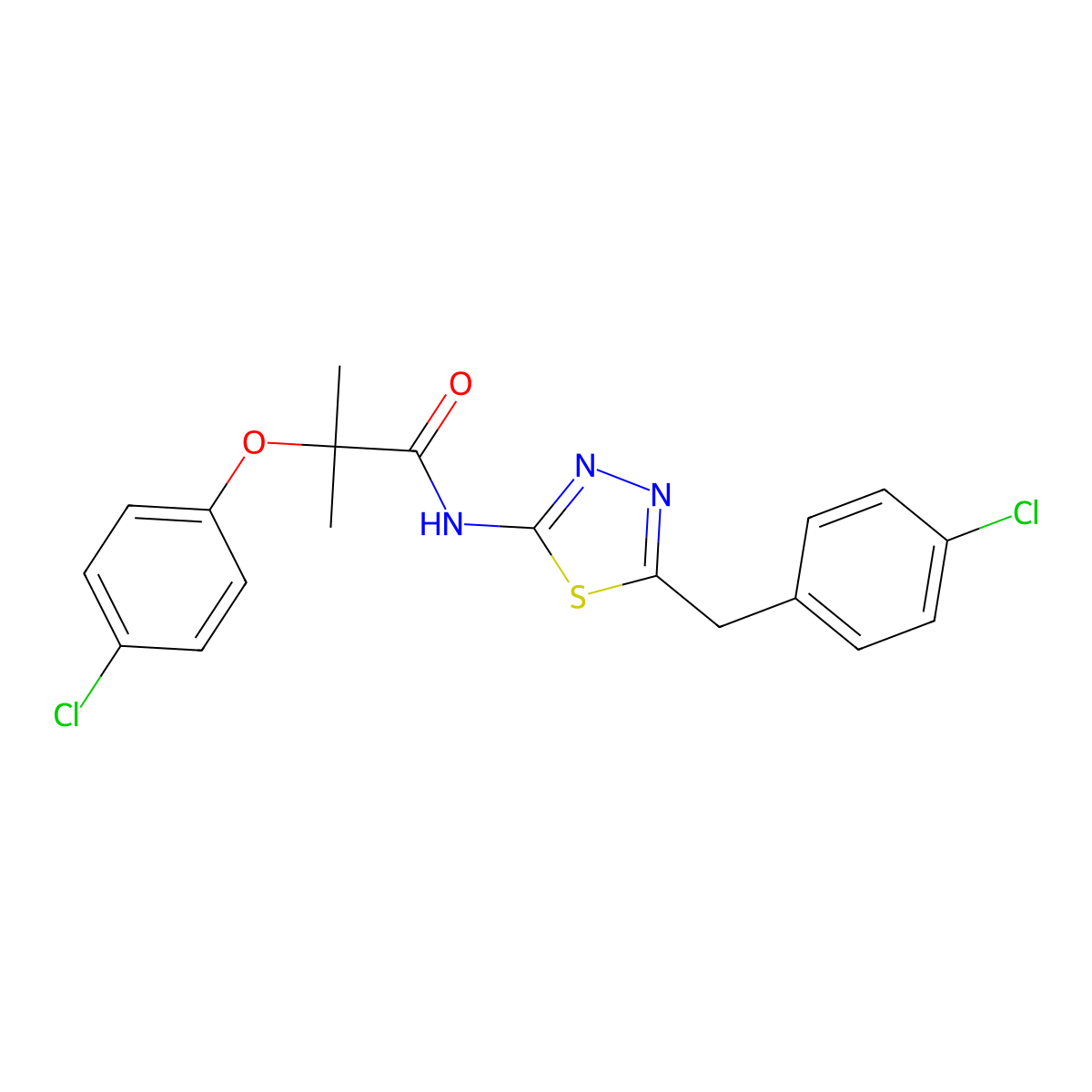2-(4-chlorophenoxy)-N-[5-[(4-chlorophenyl)methyl]-1,3,4-thiadiazol-2-yl]-2-methylpropanamide molecular structure, CAS 587843-20-7
