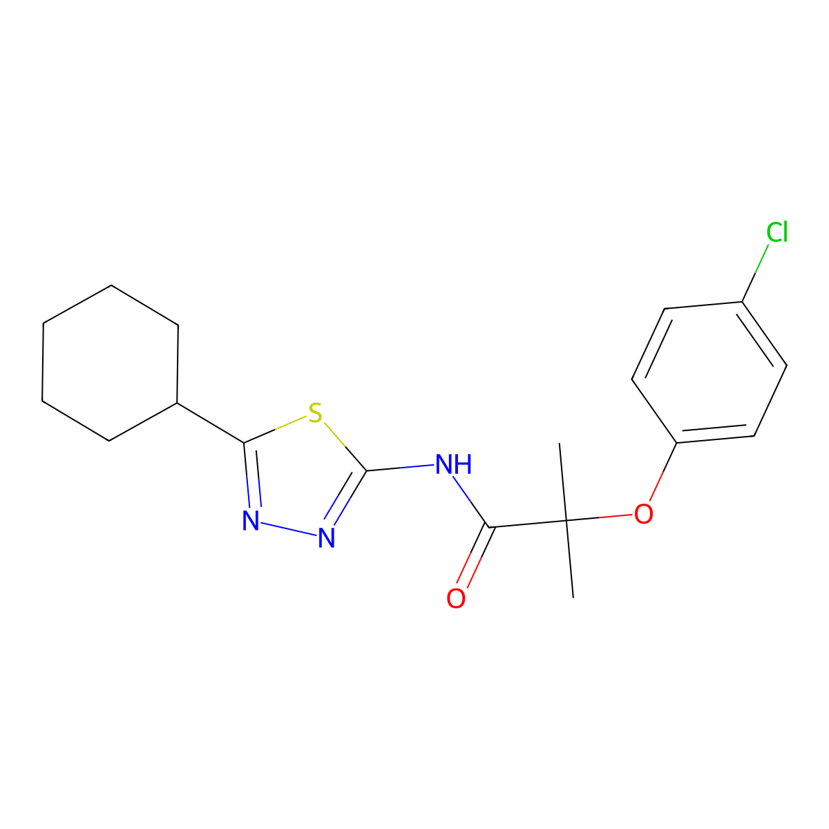 2-(4-chlorophenoxy)-N-(5-cyclohexyl-1,3,4-thiadiazol-2-yl)-2-methylpropanamide molecular structure, CAS 587843-22-9