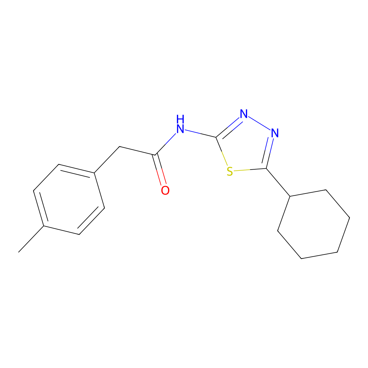 N-(5-cyclohexyl-1,3,4-thiadiazol-2-yl)-2-(4-methylphenyl)acetamide molecular structure, CAS 587844-19-7