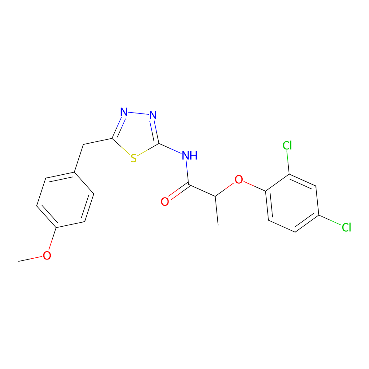 2-(2,4-dichlorophenoxy)-N-[5-[(4-methoxyphenyl)methyl]-1,3,4-thiadiazol-2-yl]propanamide molecular structure, CAS 587844-71-1