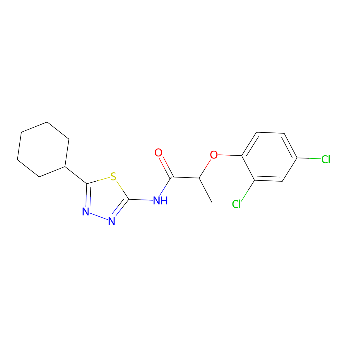 N-(5-cyclohexyl-1,3,4-thiadiazol-2-yl)-2-(2,4-dichlorophenoxy)propanamide molecular structure, CAS 587844-72-2