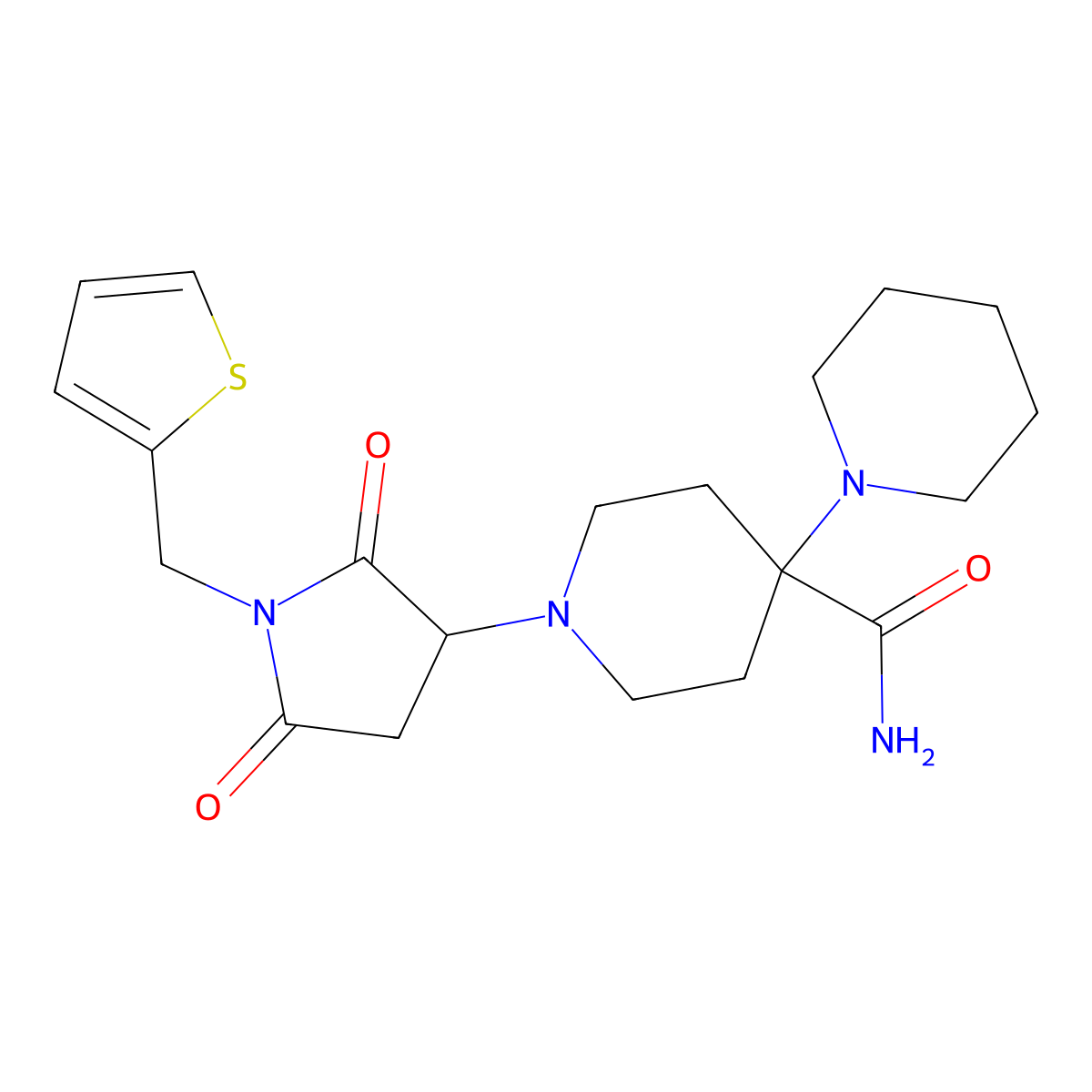 1-[2,5-Dioxo-1-(thiophen-2-ylmethyl)pyrrolidin-3-yl]-4-piperidin-1-ylpiperidine-4-carboxamide molecular structure, CAS 587850-34-8
