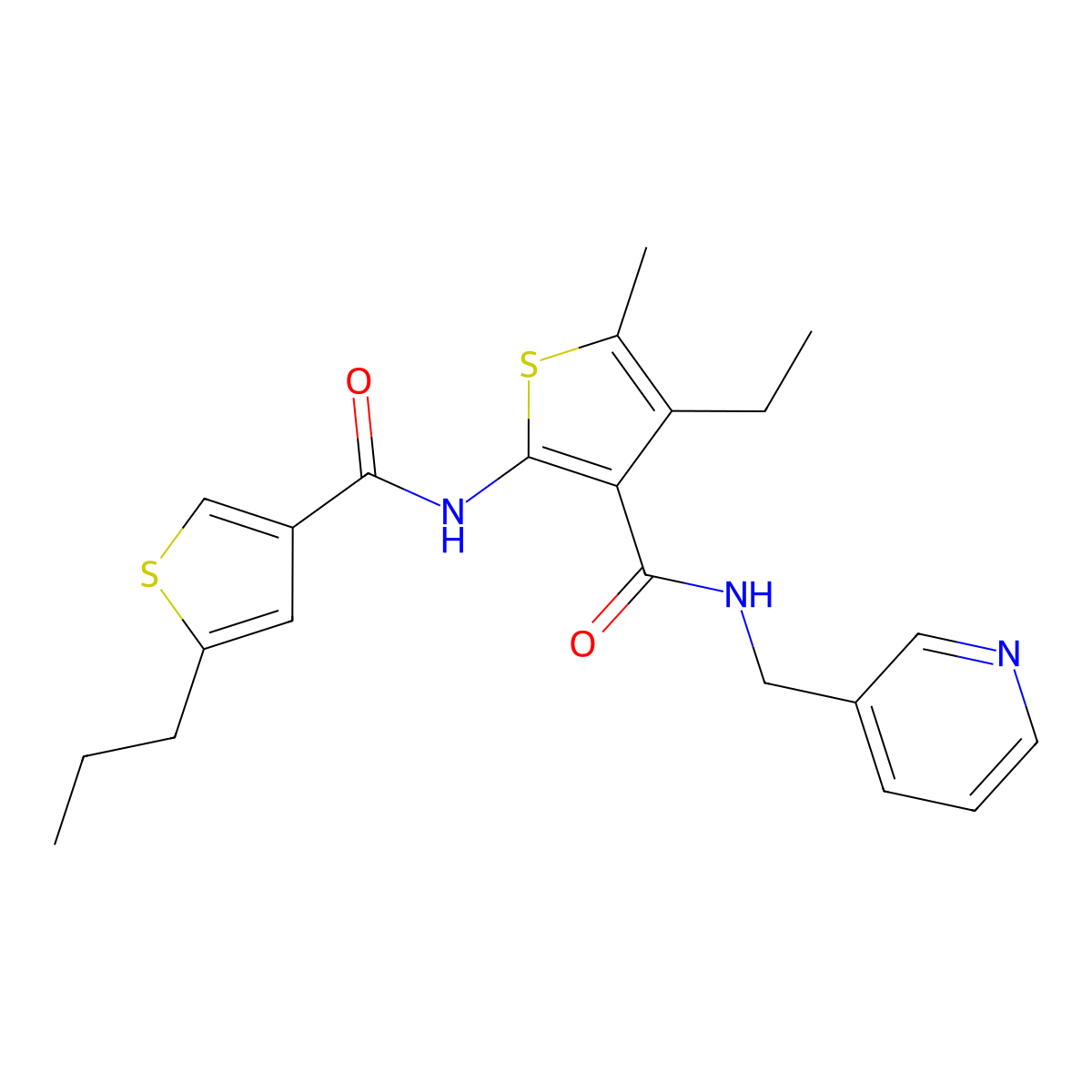 4-ethyl-5-methyl-2-[(5-propylthiophene-3-carbonyl)amino]-N-(pyridin-3-ylmethyl)thiophene-3-carboxamide molecular structure, CAS 587850-94-0