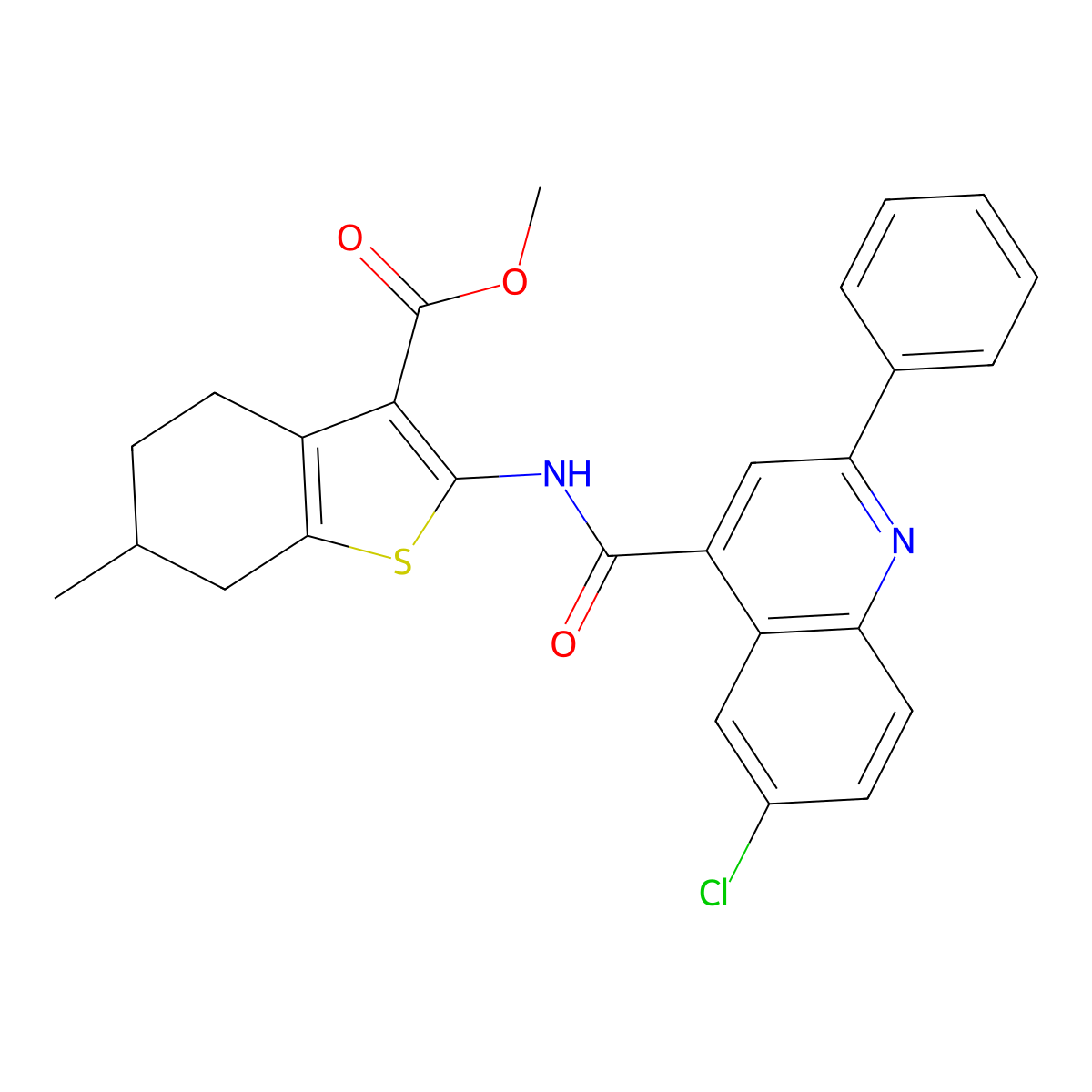 Methyl 2-{[(6-chloro-2-phenylquinolin-4-yl)carbonyl]amino}-6-methyl-4,5,6,7-tetrahydro-1-benzothiophene-3-carboxylate molecular structure, CAS 587851-00-1