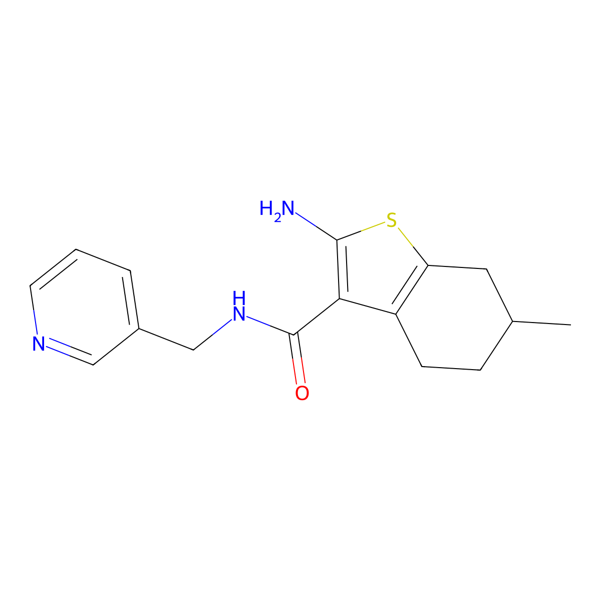 2-amino-6-methyl-N-(pyridin-3-ylmethyl)-4,5,6,7-tetrahydro-1-benzothiophene-3-carboxamide molecular structure, CAS 587851-02-3