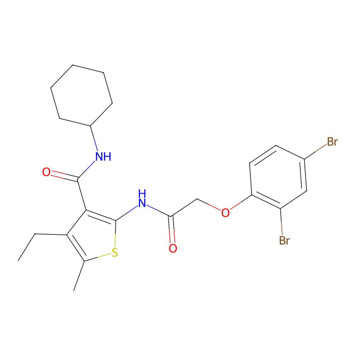 N-cyclohexyl-2-[[2-(2,4-dibromophenoxy)acetyl]amino]-4-ethyl-5-methylthiophene-3-carboxamide molecular structure, CAS 587851-09-0