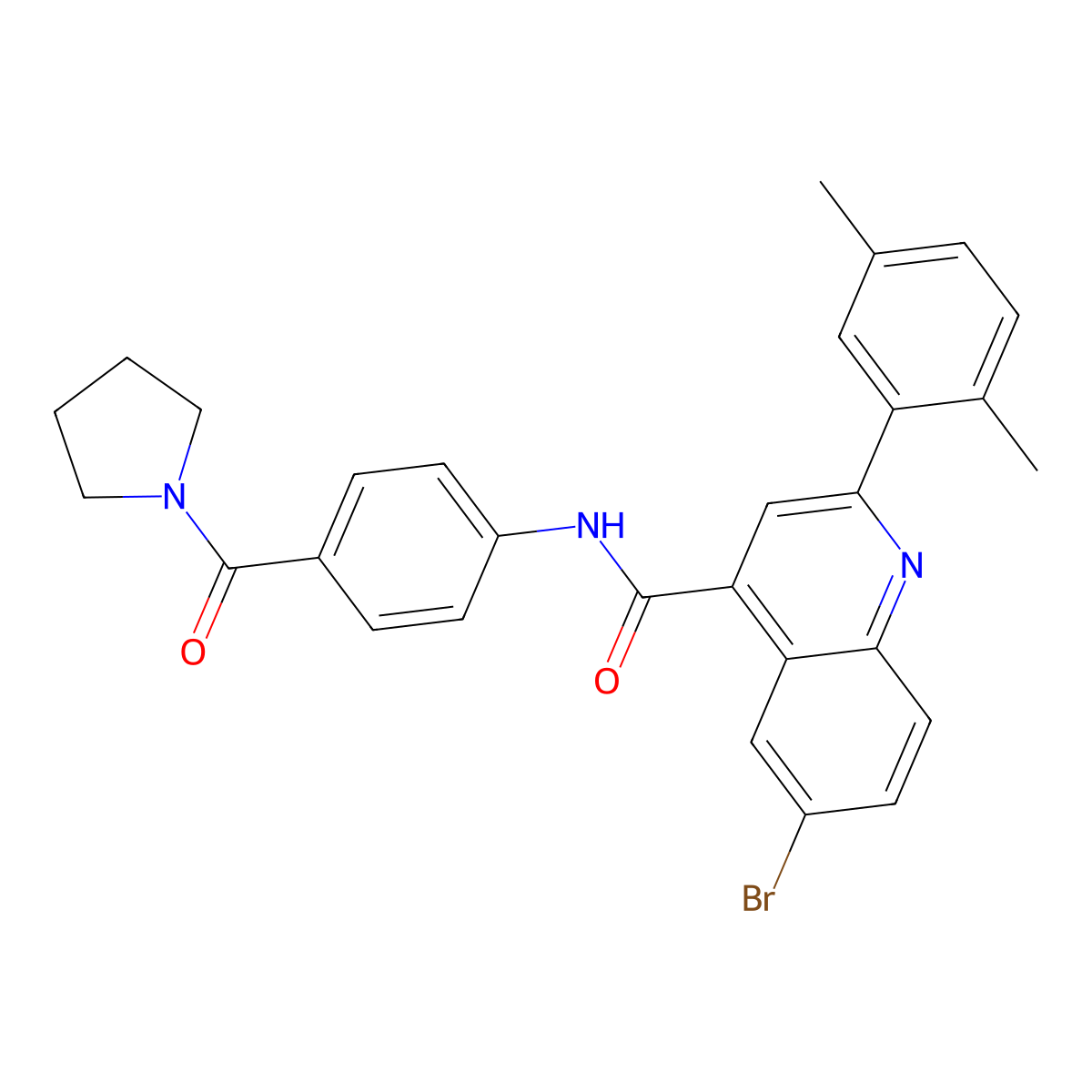 6-bromo-2-(2,5-dimethylphenyl)-N-[4-(pyrrolidine-1-carbonyl)phenyl]quinoline-4-carboxamide molecular structure, CAS 587851-23-8