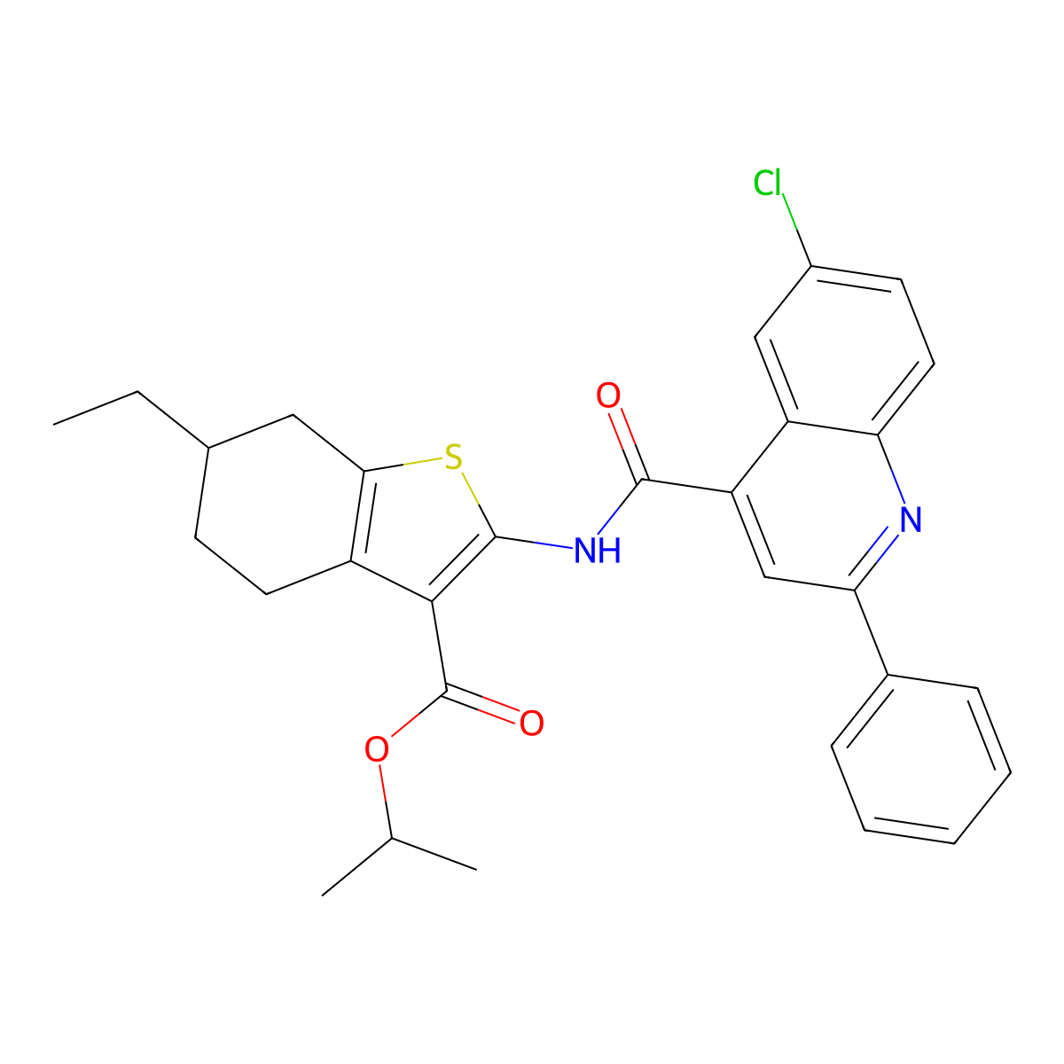 Propan-2-yl 2-{[(6-chloro-2-phenylquinolin-4-yl)carbonyl]amino}-6-ethyl-4,5,6,7-tetrahydro-1-benzothiophene-3-carboxylate molecular structure, CAS 587851-37-4
