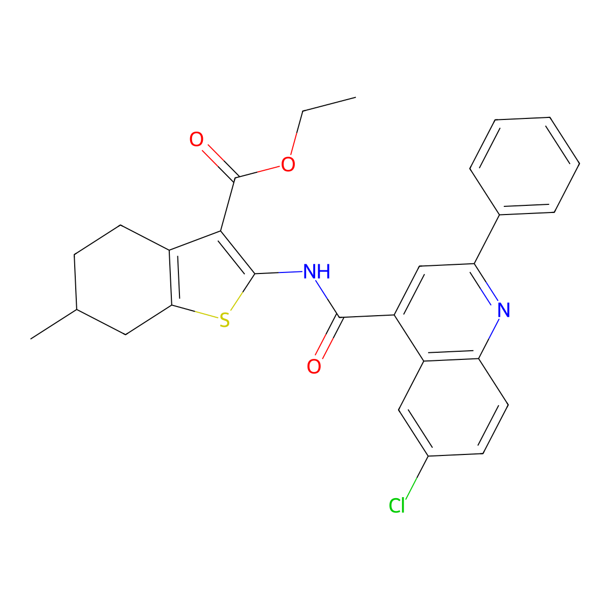 Ethyl 2-{[(6-chloro-2-phenylquinolin-4-yl)carbonyl]amino}-6-methyl-4,5,6,7-tetrahydro-1-benzothiophene-3-carboxylate molecular structure, CAS 587851-45-4