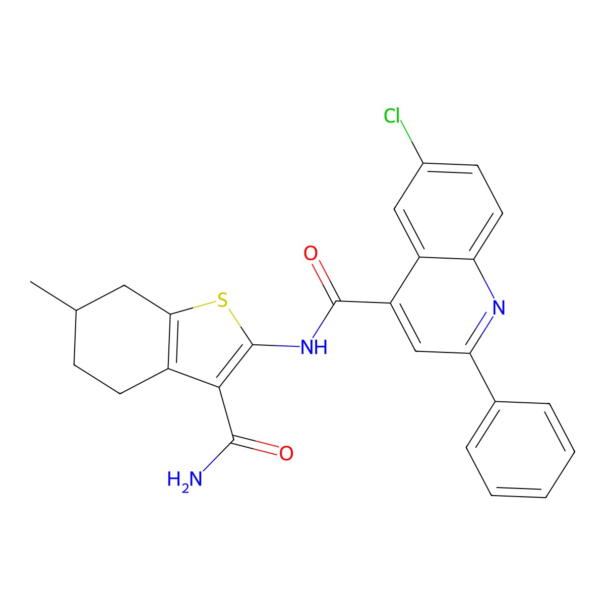 N-(3-carbamoyl-6-methyl-4,5,6,7-tetrahydro-1-benzothiophen-2-yl)-6-chloro-2-phenylquinoline-4-carboxamide molecular structure, CAS 587851-52-3