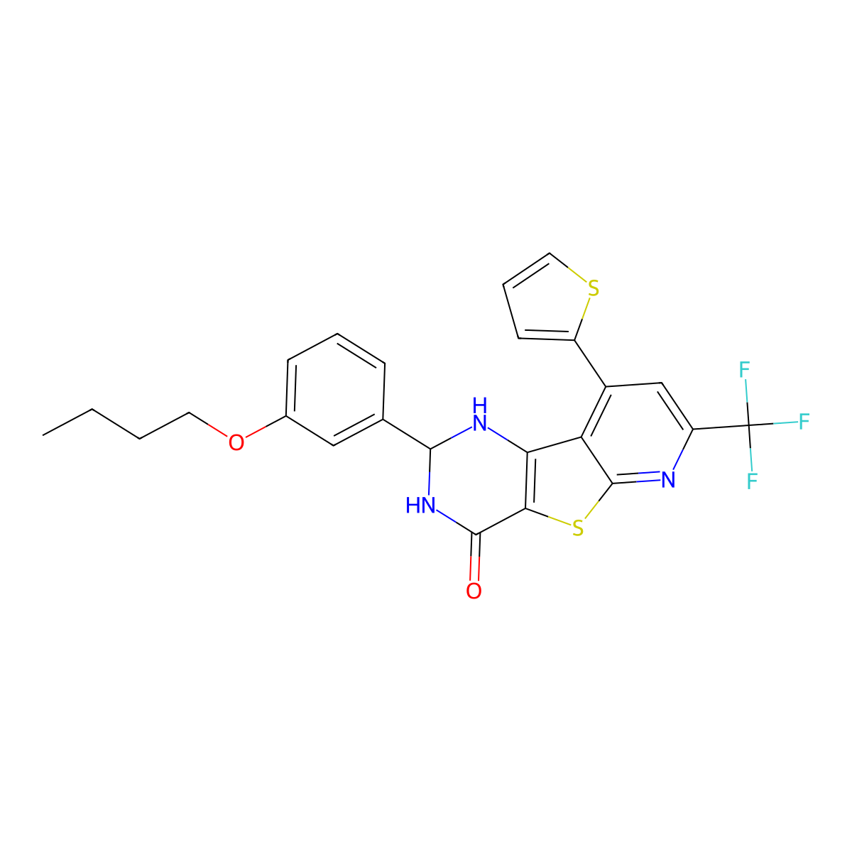 2-(3-Butoxyphenyl)-2,3-dihydro-9-(2-thienyl)-7-(trifluoromethyl)pyrido[3',2':4,5]thieno[3,2-d]pyrimidin-4(1H)-one molecular structure, CAS 587851-57-8