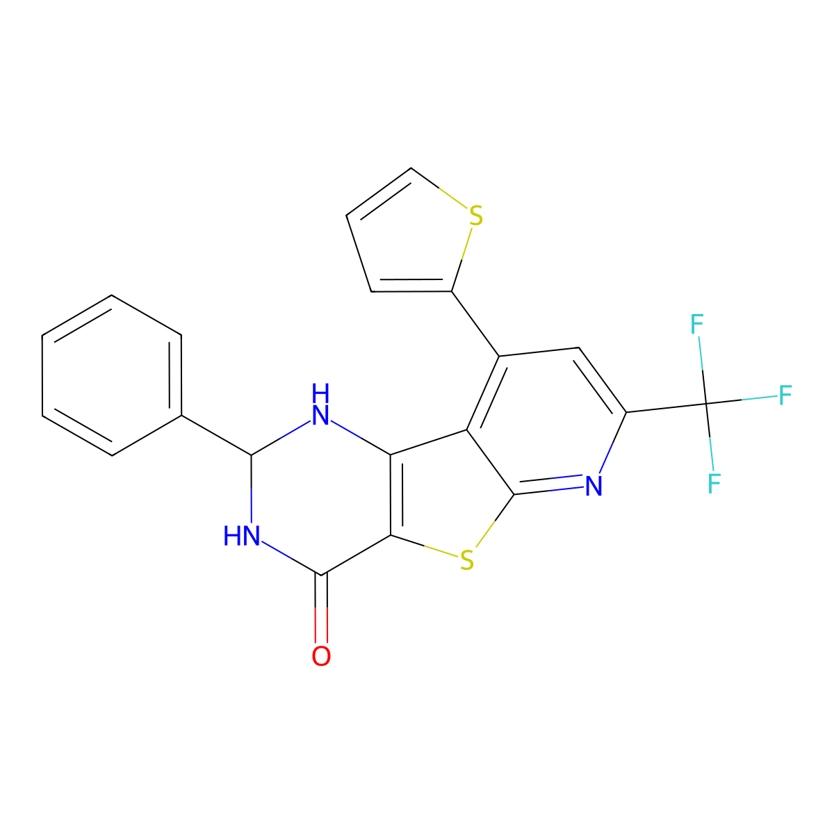 2-phenyl-9-(thiophen-2-yl)-7-(trifluoromethyl)-2,3-dihydropyrido[3',2':4,5]thieno[3,2-d]pyrimidin-4(1H)-one molecular structure, CAS 587851-64-7