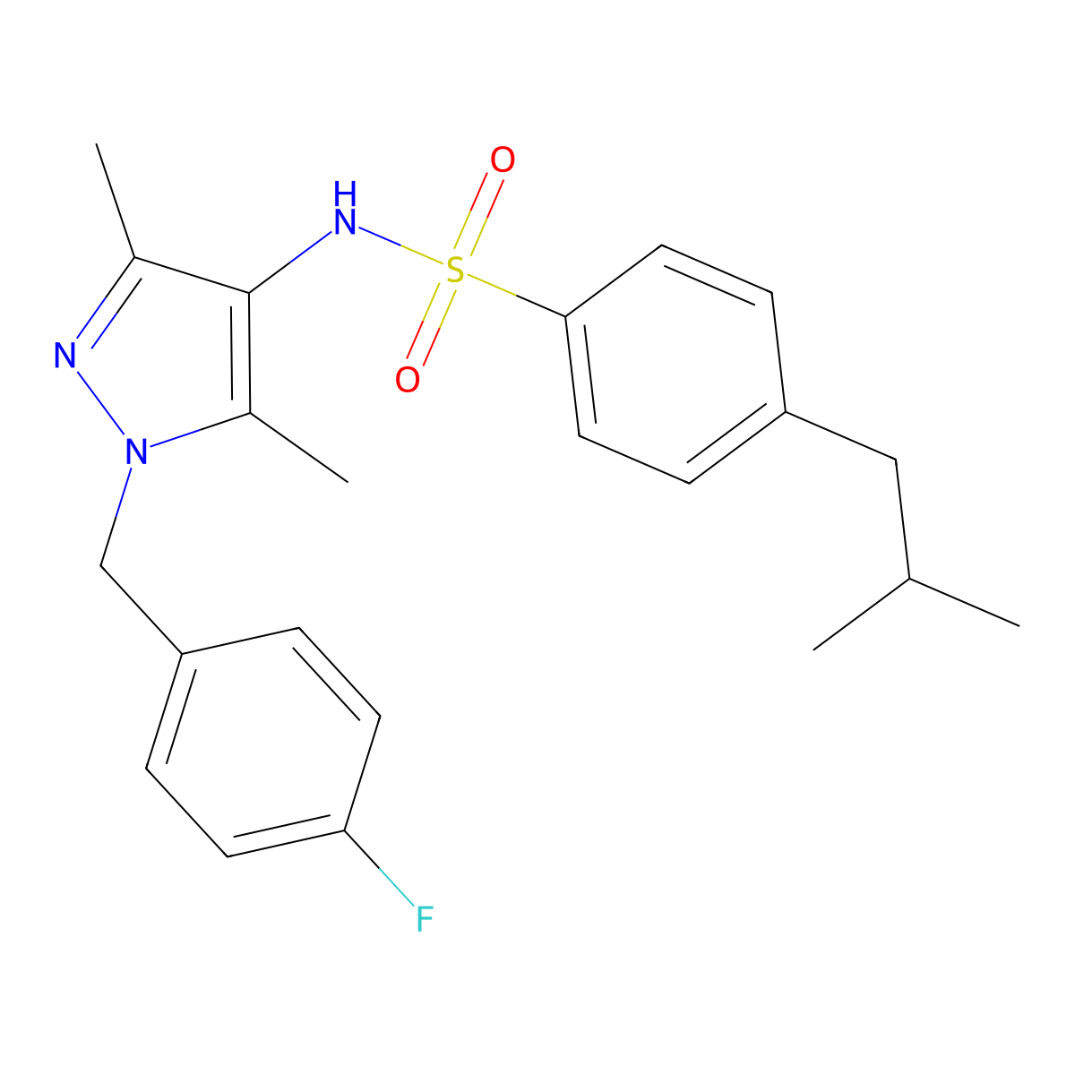 N-[1-[(4-fluorophenyl)methyl]-3,5-dimethylpyrazol-4-yl]-4-(2-methylpropyl)benzenesulfonamide molecular structure, CAS 587851-80-7