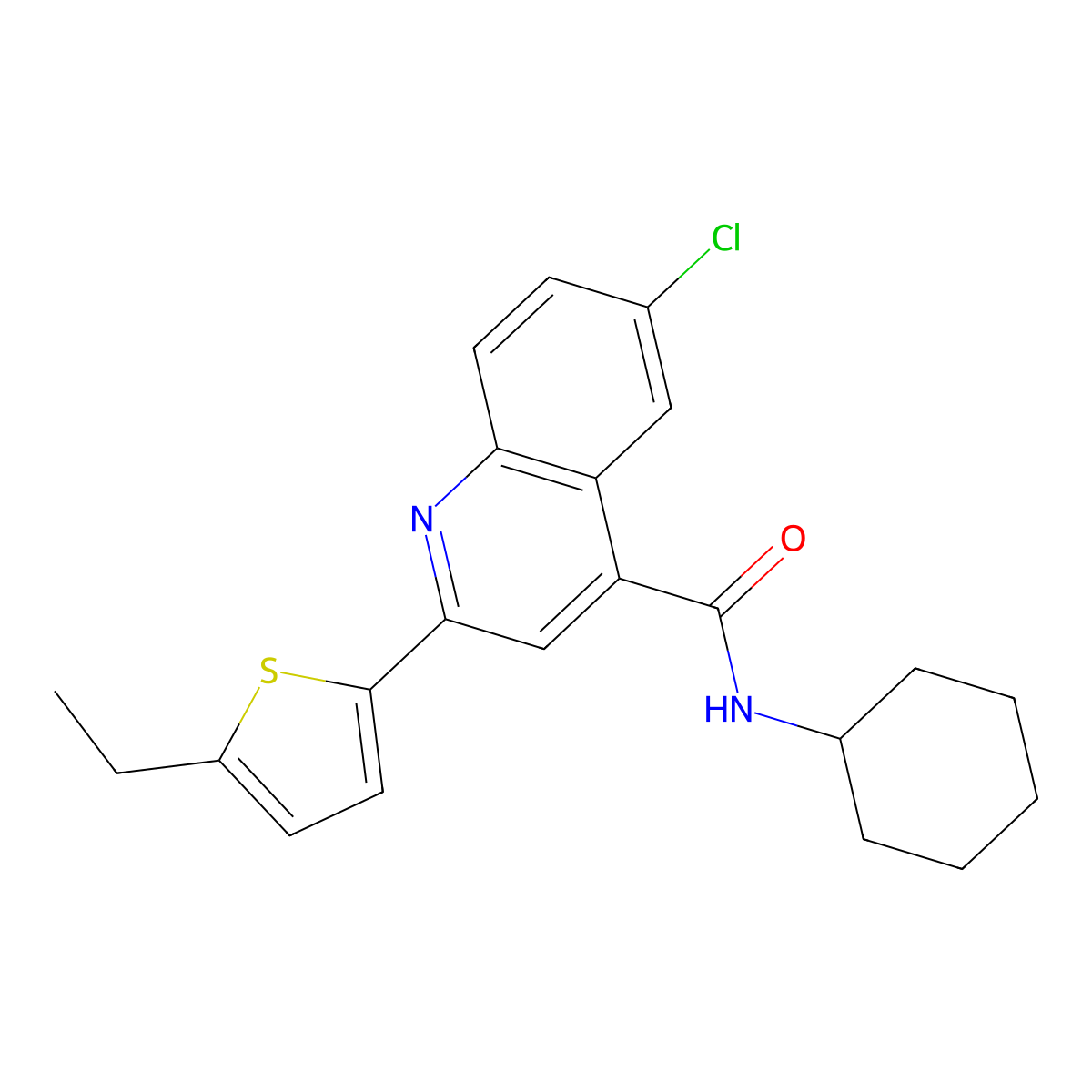 6-chloro-N-cyclohexyl-2-(5-ethylthiophen-2-yl)quinoline-4-carboxamide molecular structure, CAS 587851-89-6